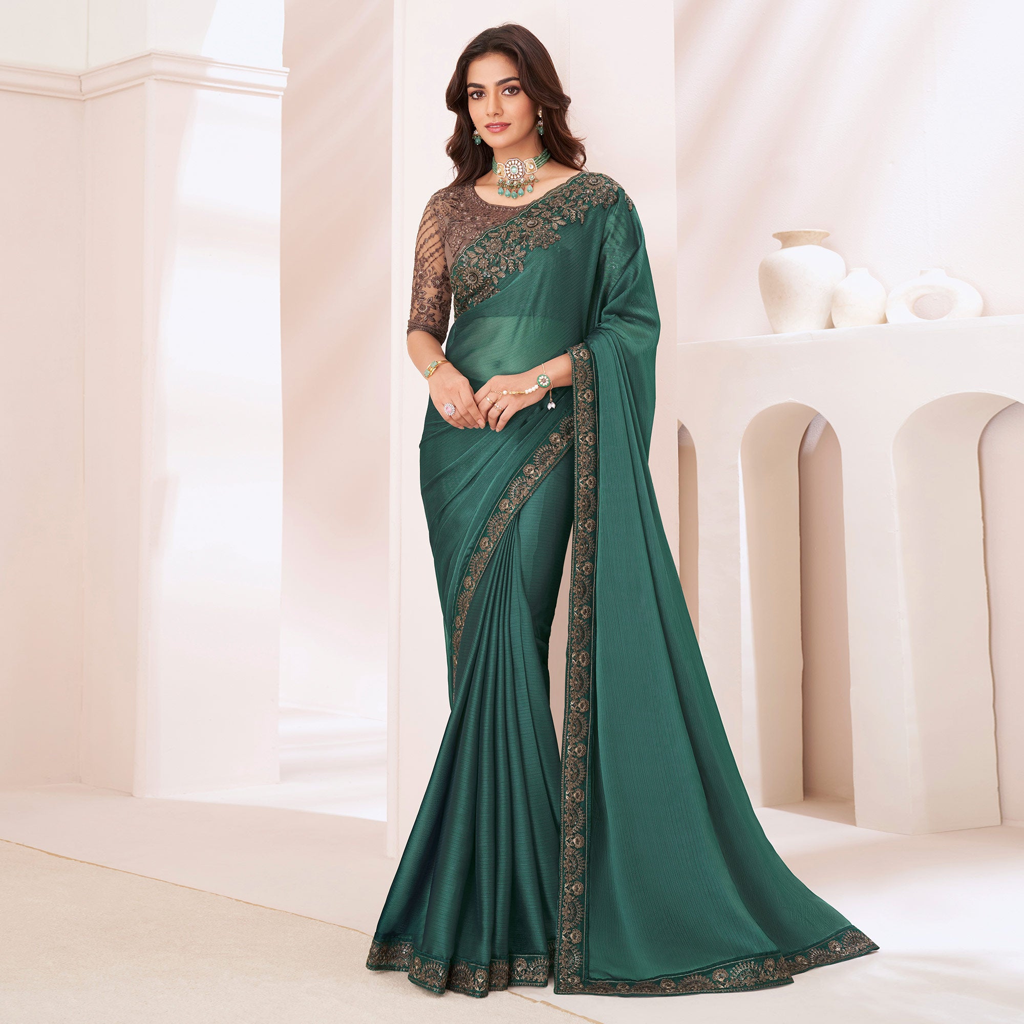 Green Embroidered Georgette Saree