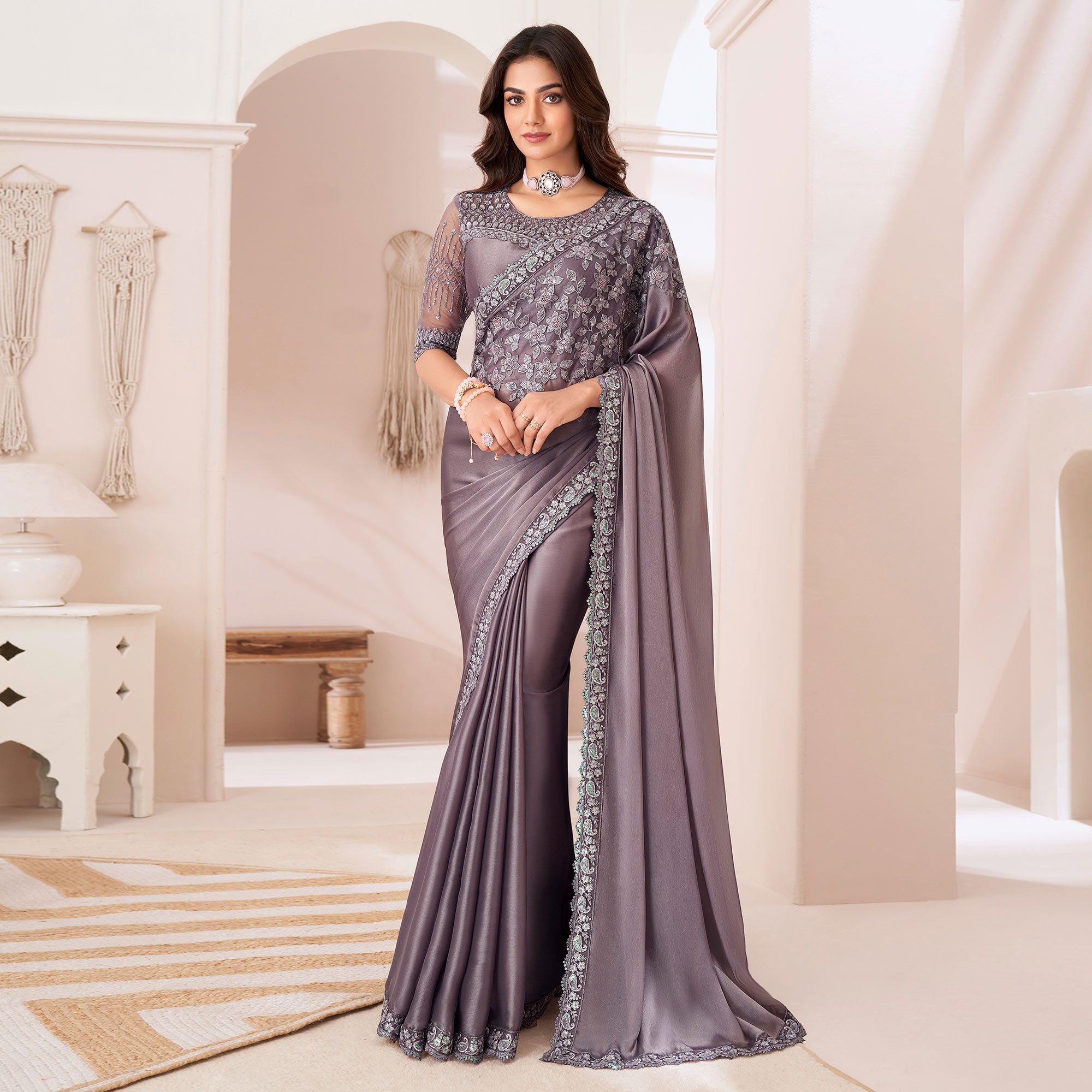 Dark Mauve Embroidered Satin Saree