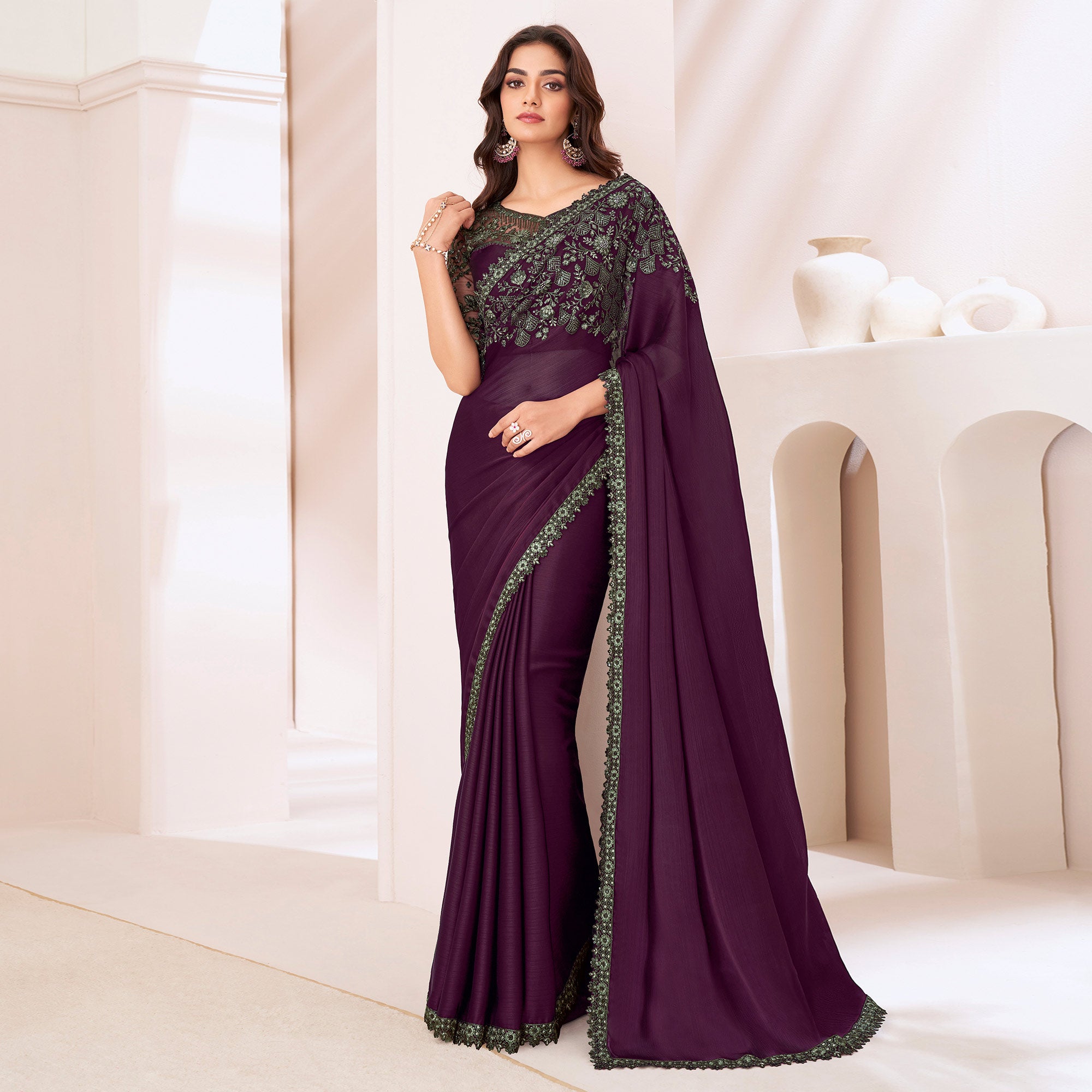 Wine Embroidered Chiffon Saree