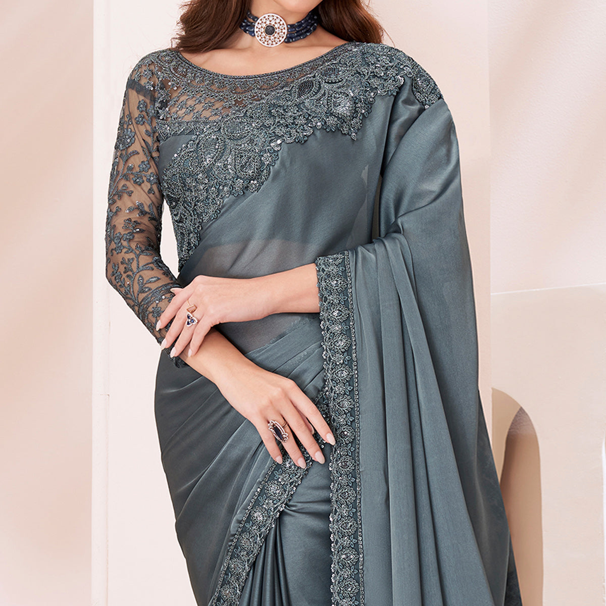 Grey Embroidered Georgette Saree