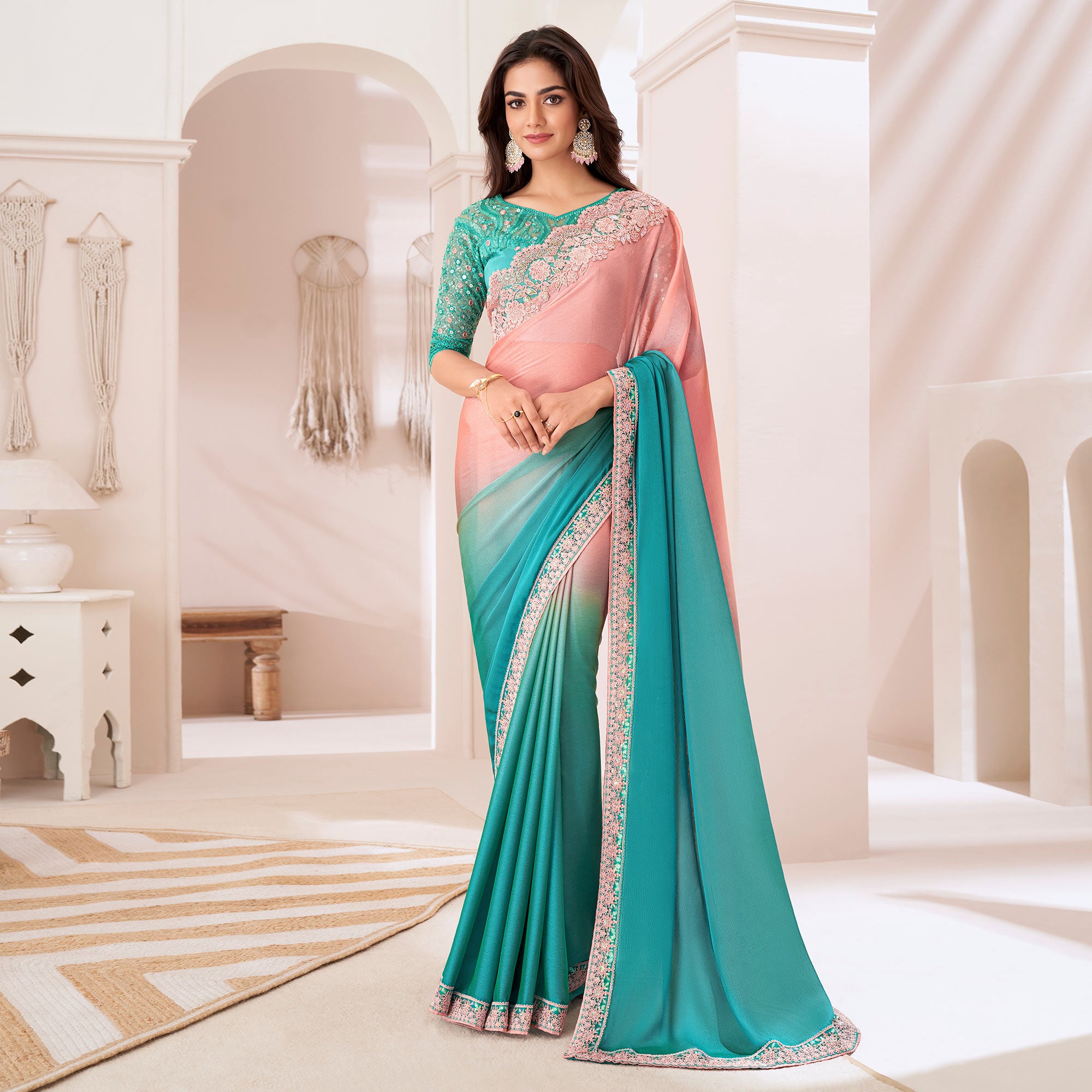 Peach & Turquoise Embroidered Chiffon Saree
