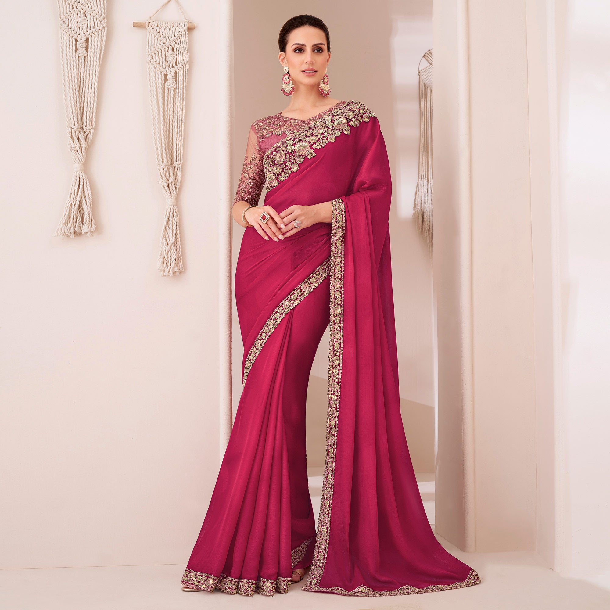 Pink Embroidered Chiffon Saree