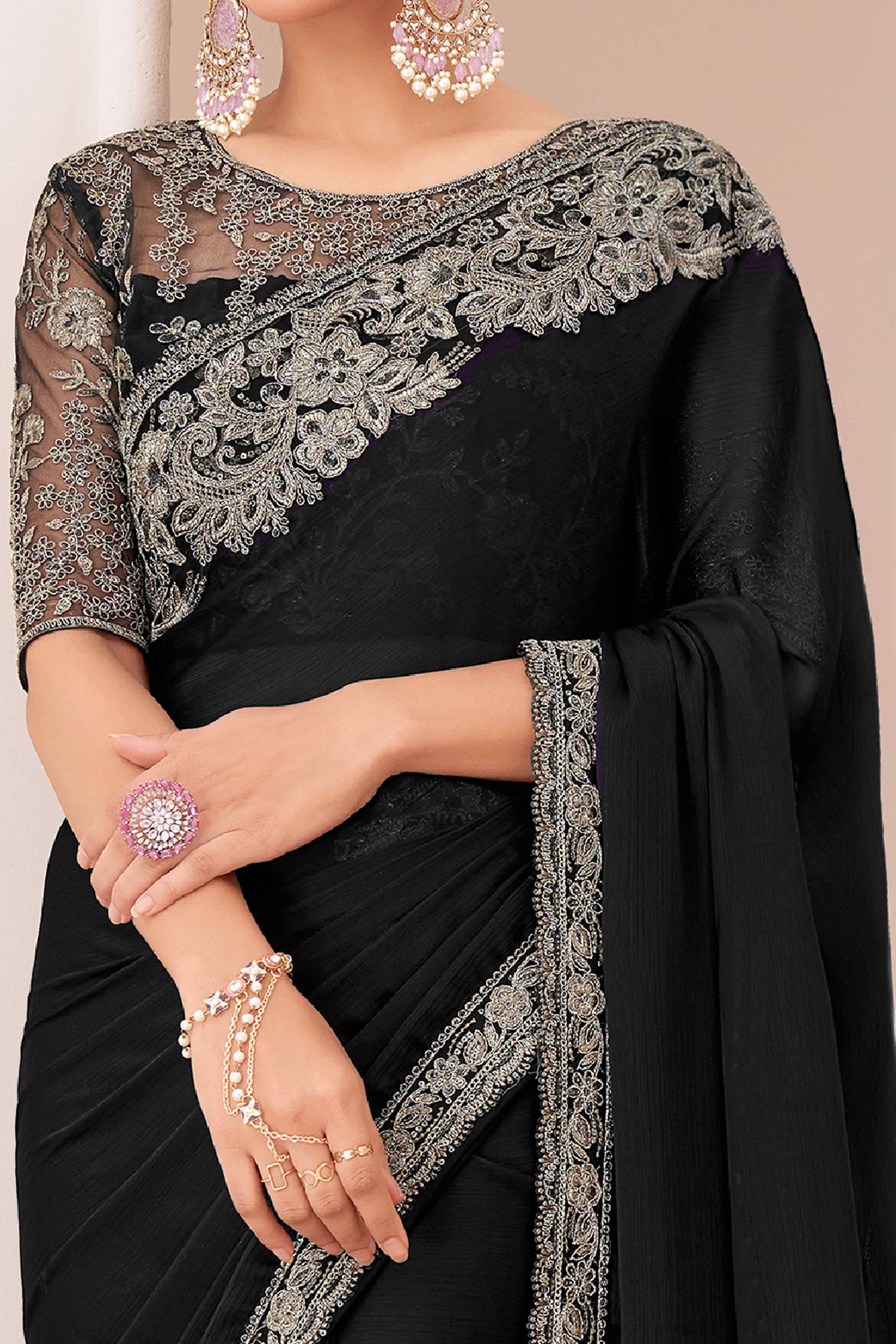 Black Floral Sequins Embroidered Georgette Saree