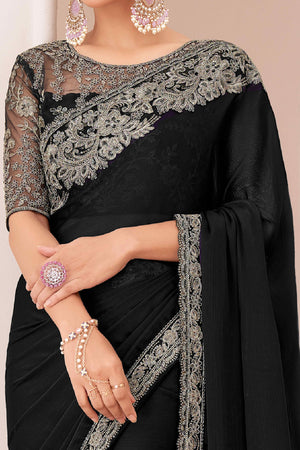 Black Floral Sequins Embroidered Georgette Saree