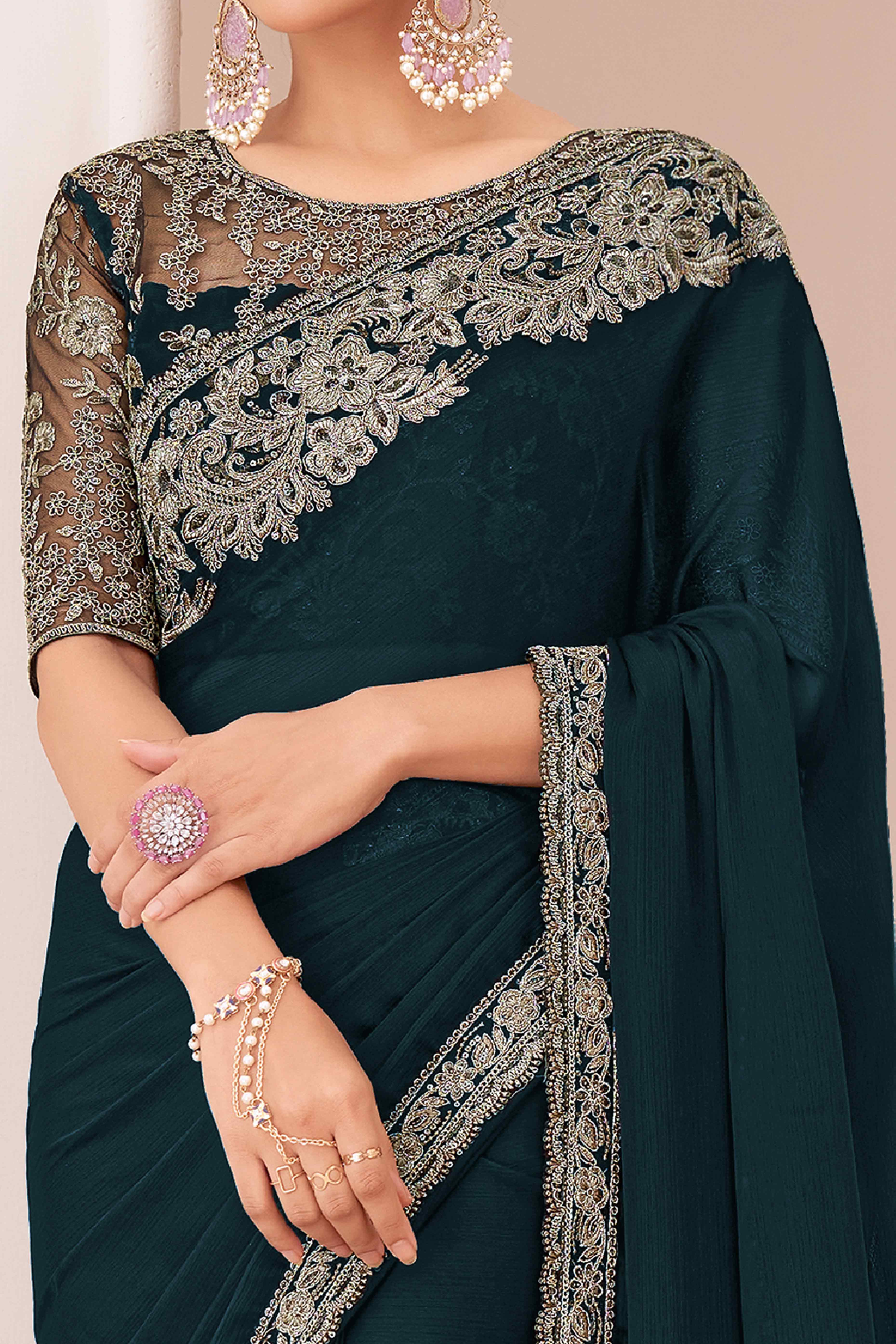 Teal Floral Sequins Embroidered Georgette Saree