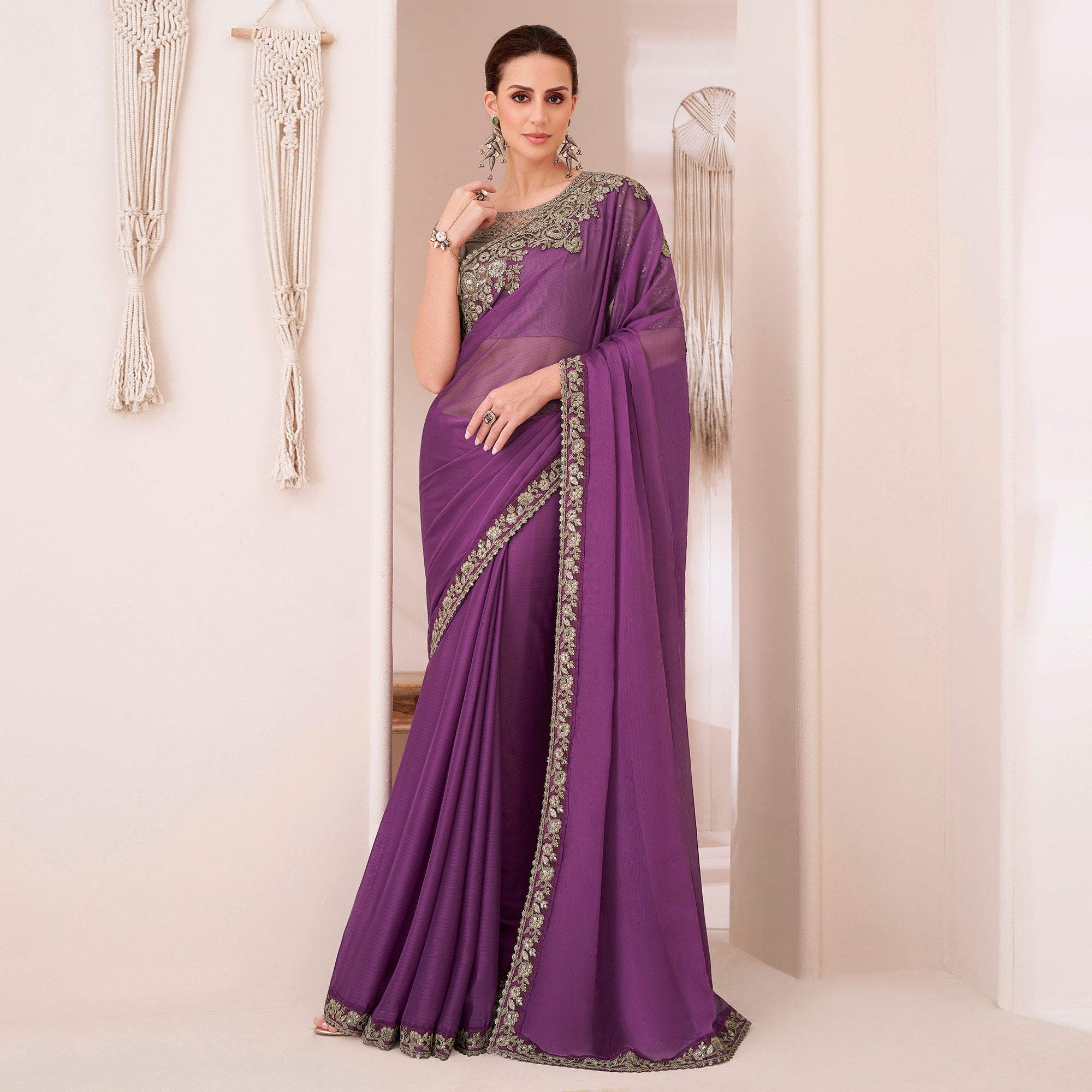 Purple Embroidered Georgette Saree