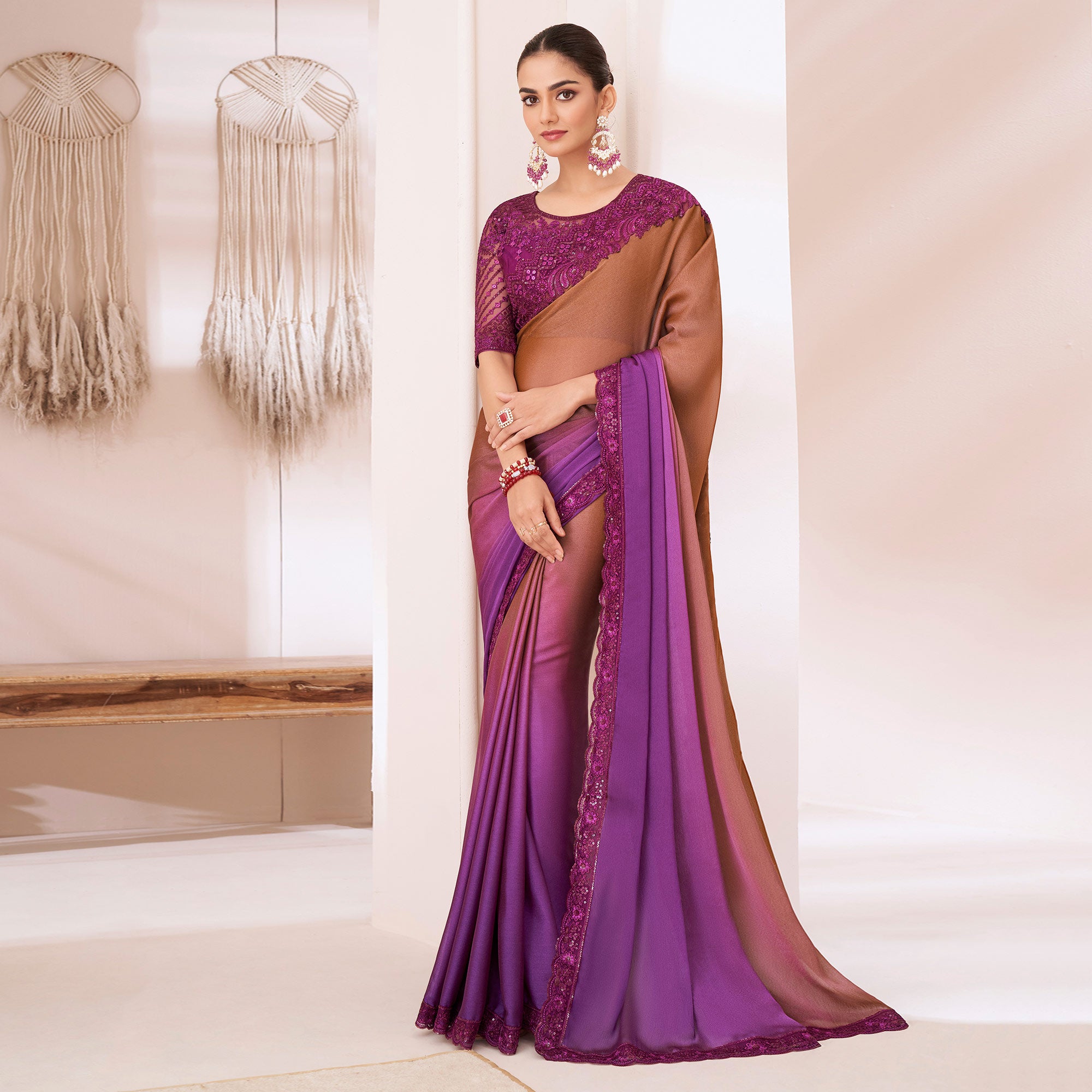 Brown & Purple Embroidered Chiffon Saree