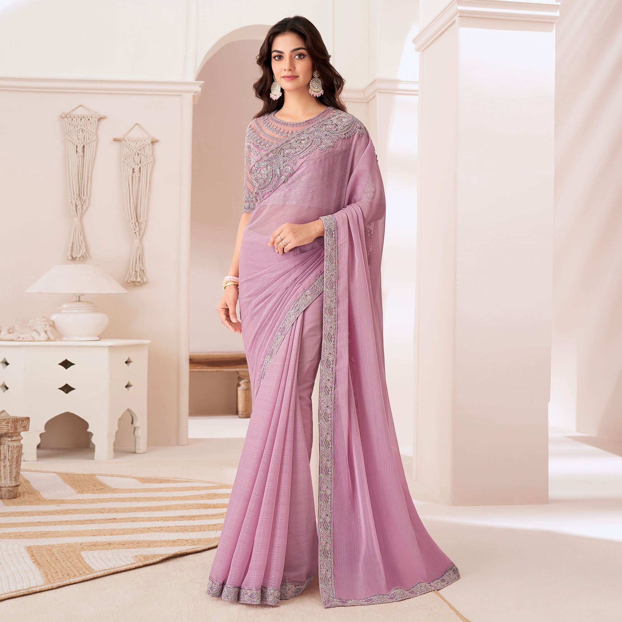 Light Pink Embroidered Chiffon Saree