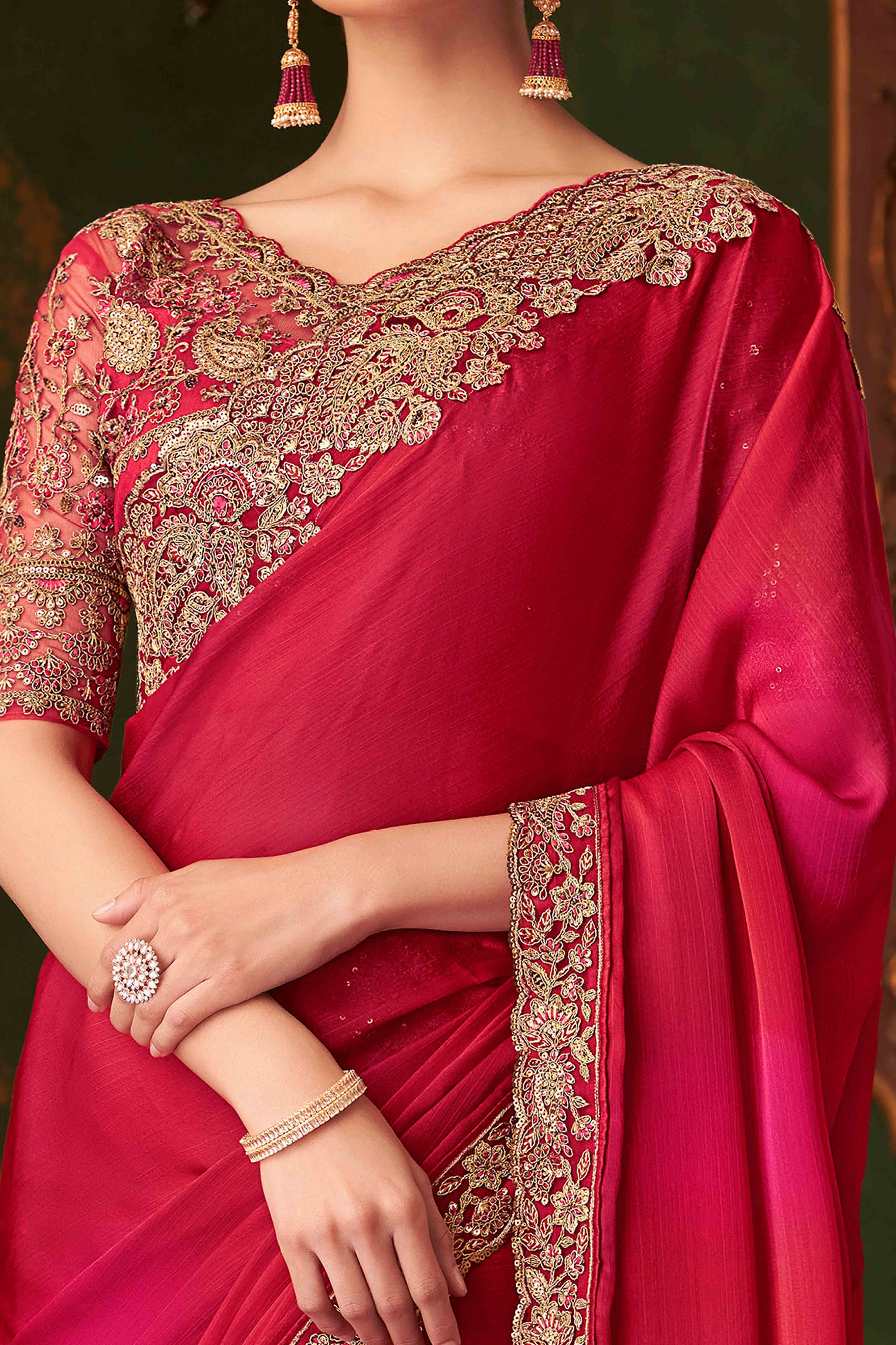 Pink Sequins Embroidered Chiffon Saree