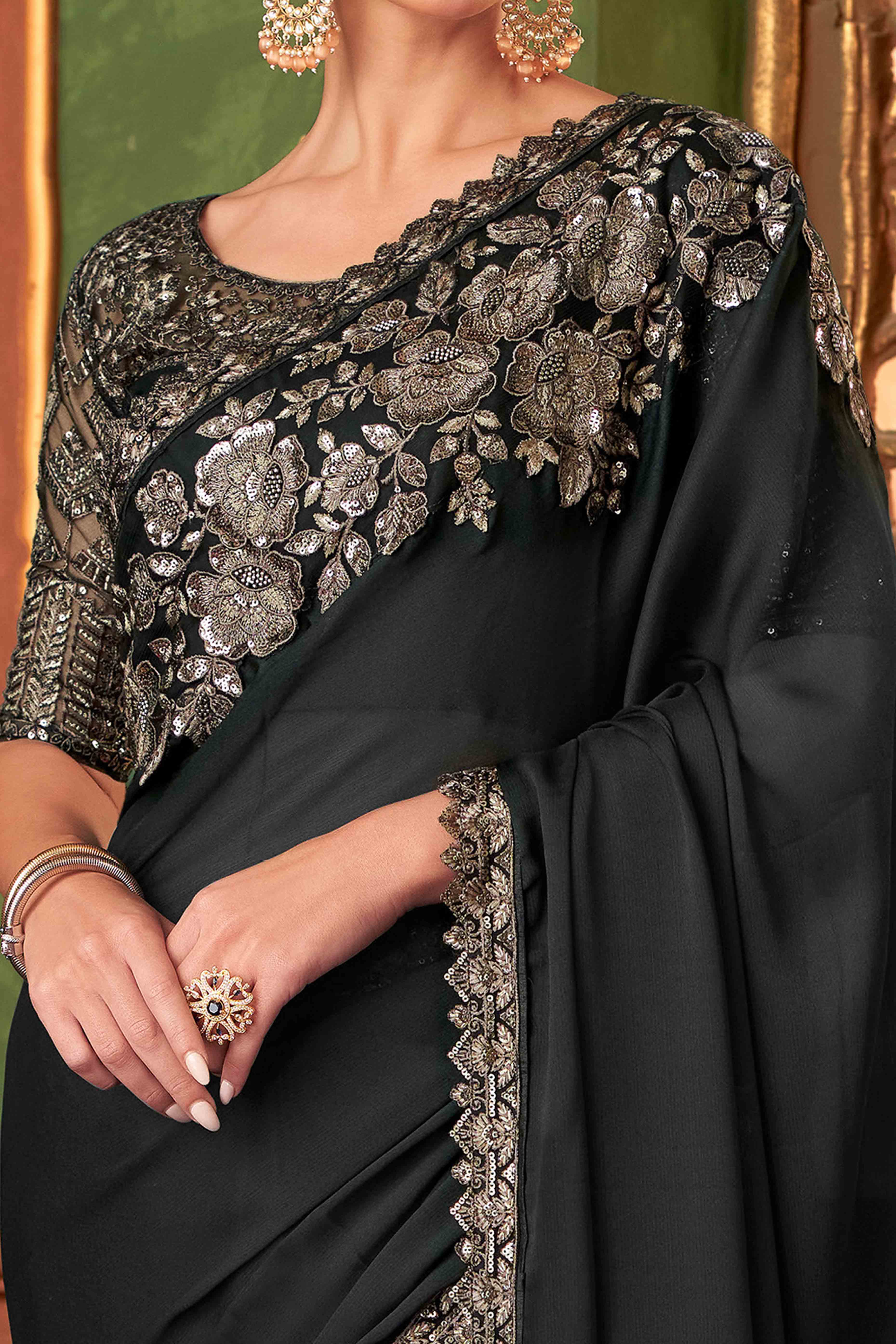 Black Sequins Embroidered Chiffon Saree