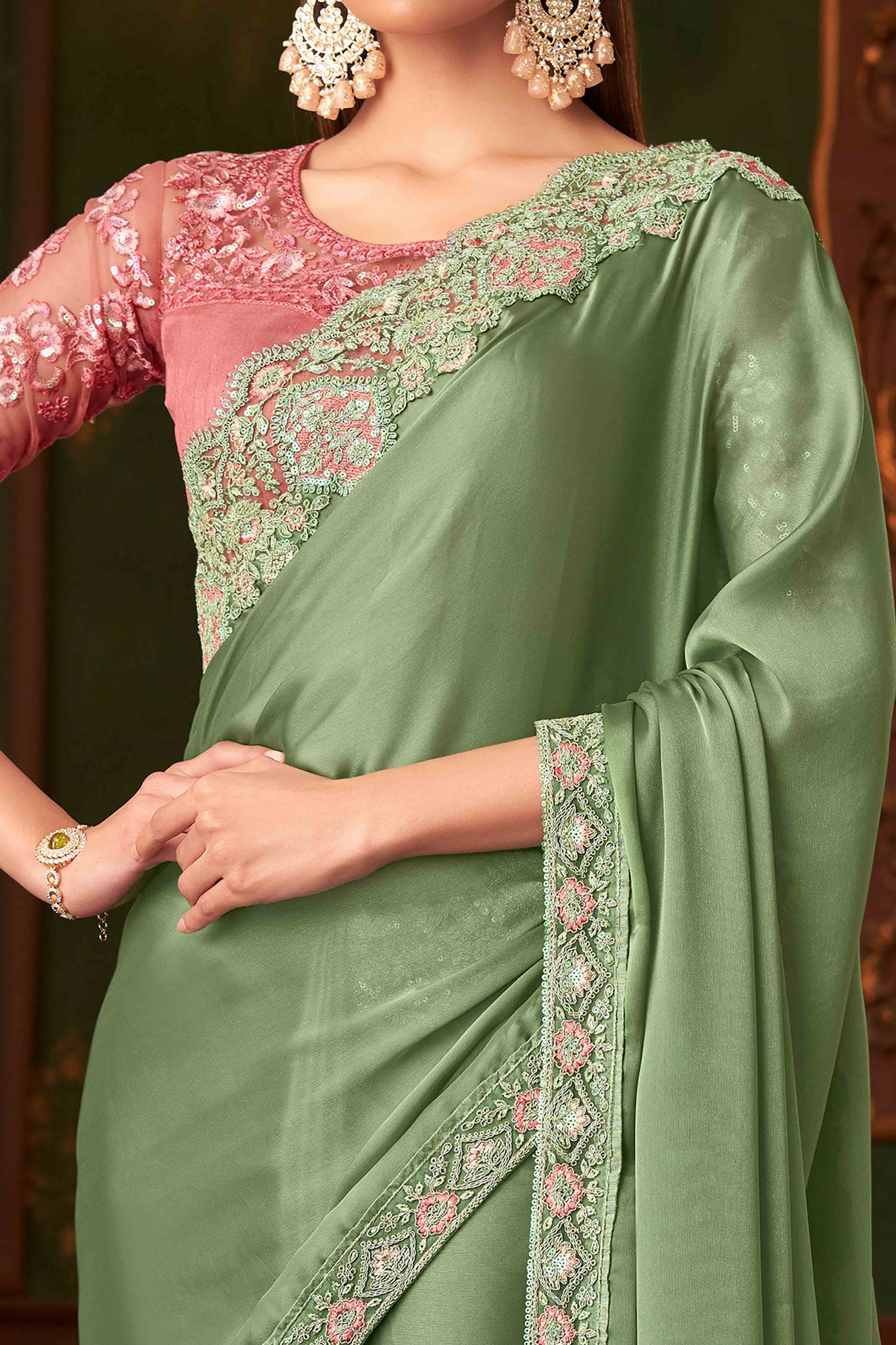 Pista Green Sequins Embroidered Satin Saree