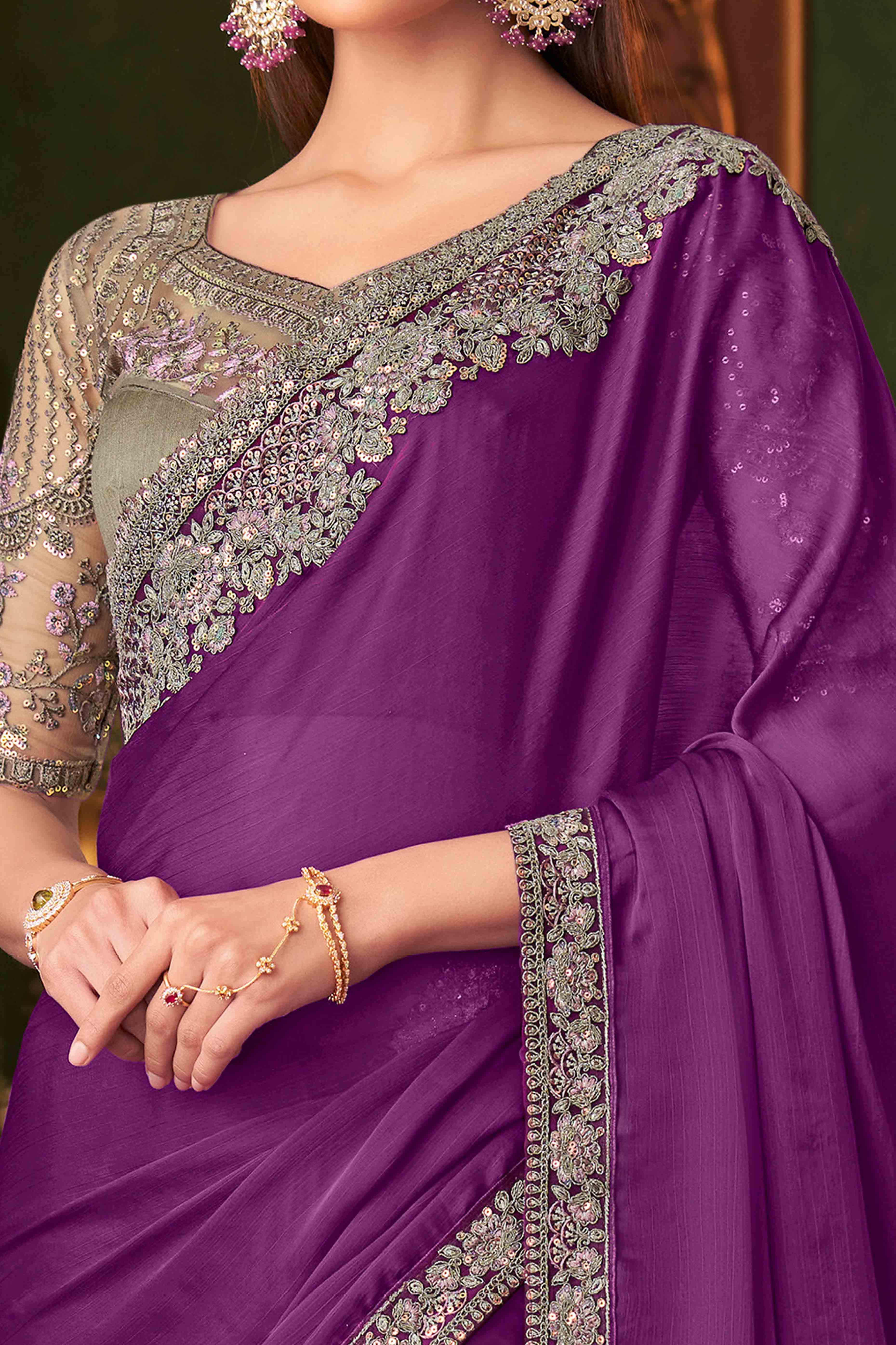 Purple Sequins Embroidered Chiffon Saree