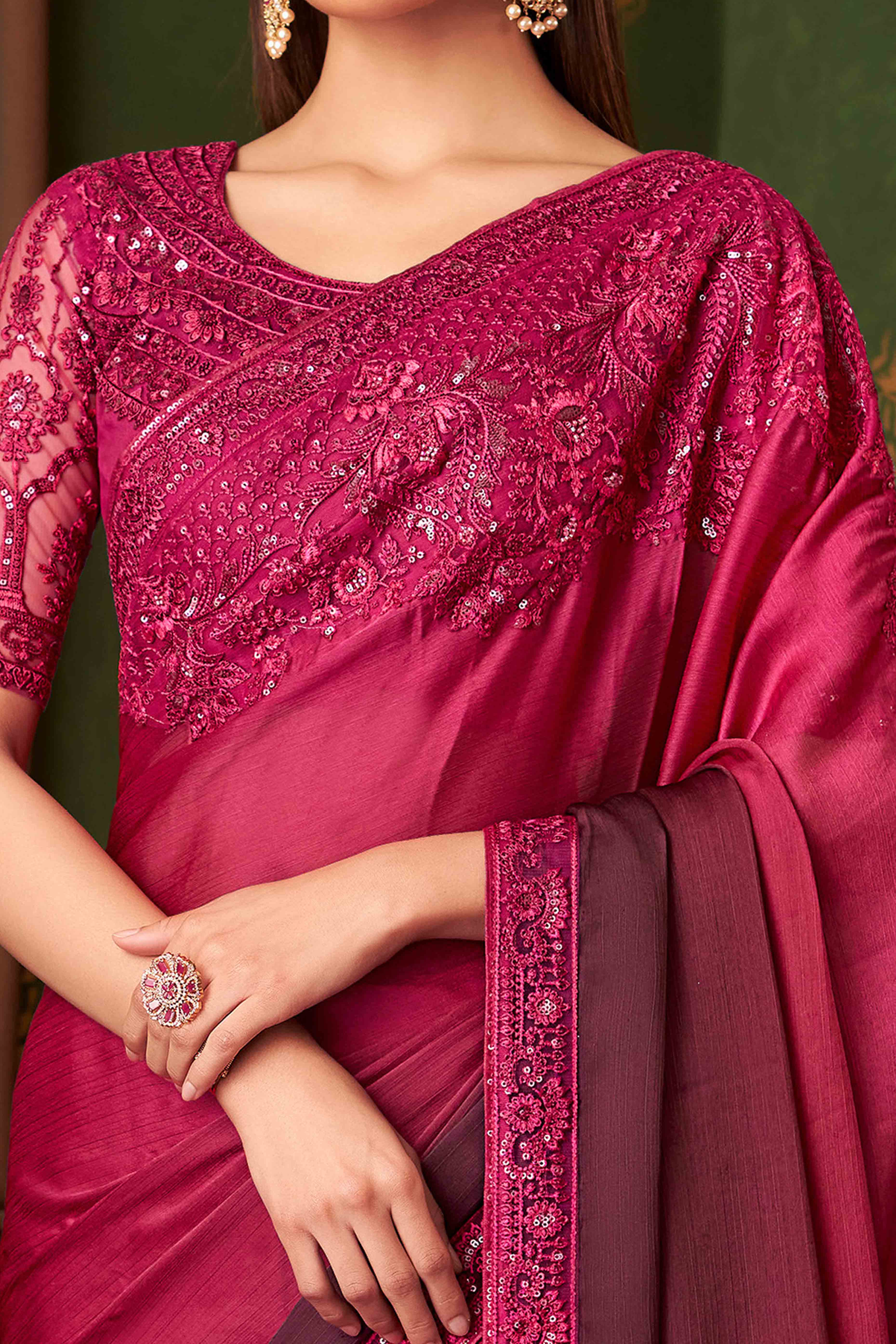 Burnt Pink Sequins Embroidered Chiffon Saree