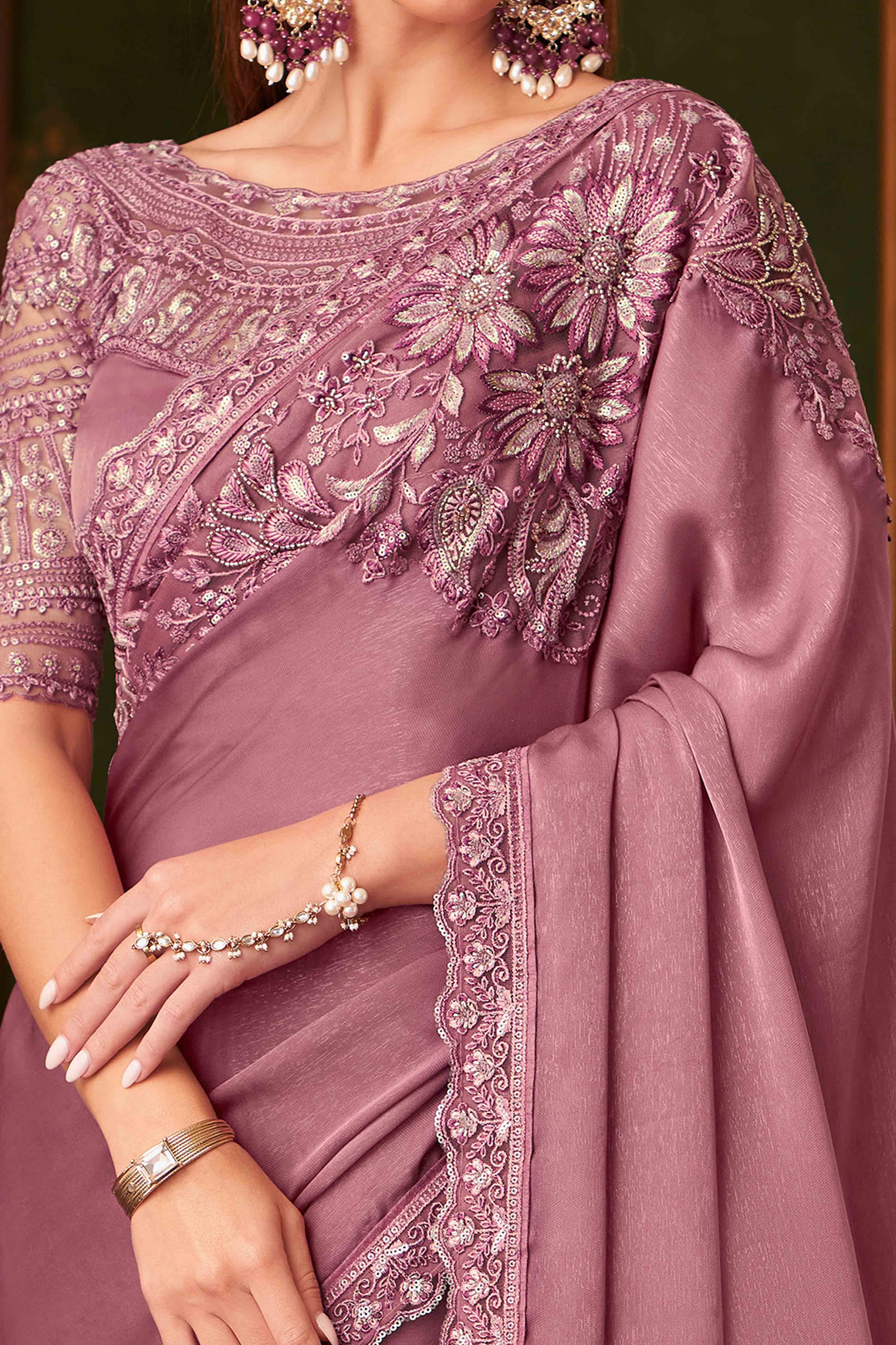 Dusty Pink Sequins Embroidered Georgette Saree