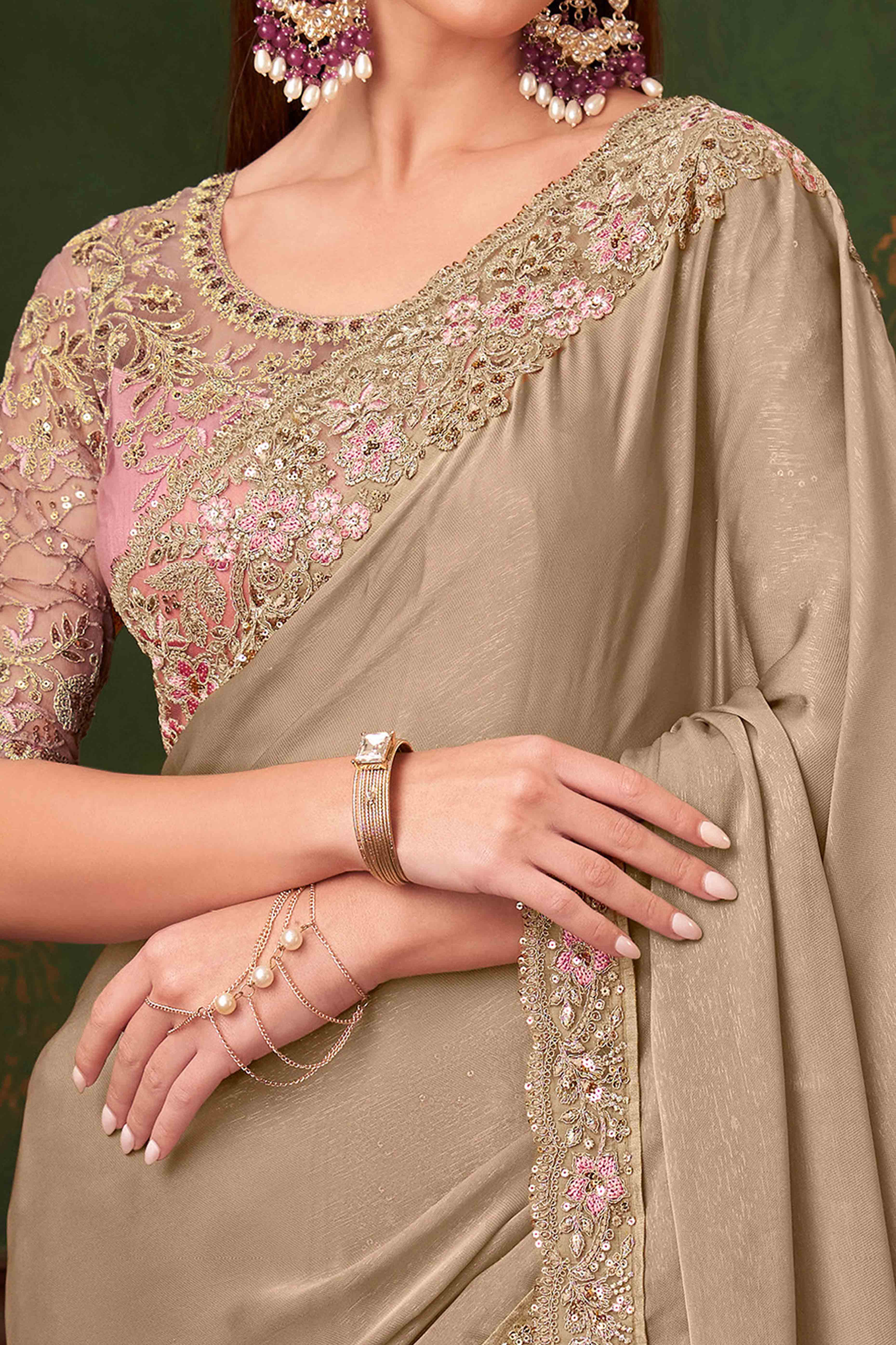 Beige Sequins Embroidered Georgette Saree