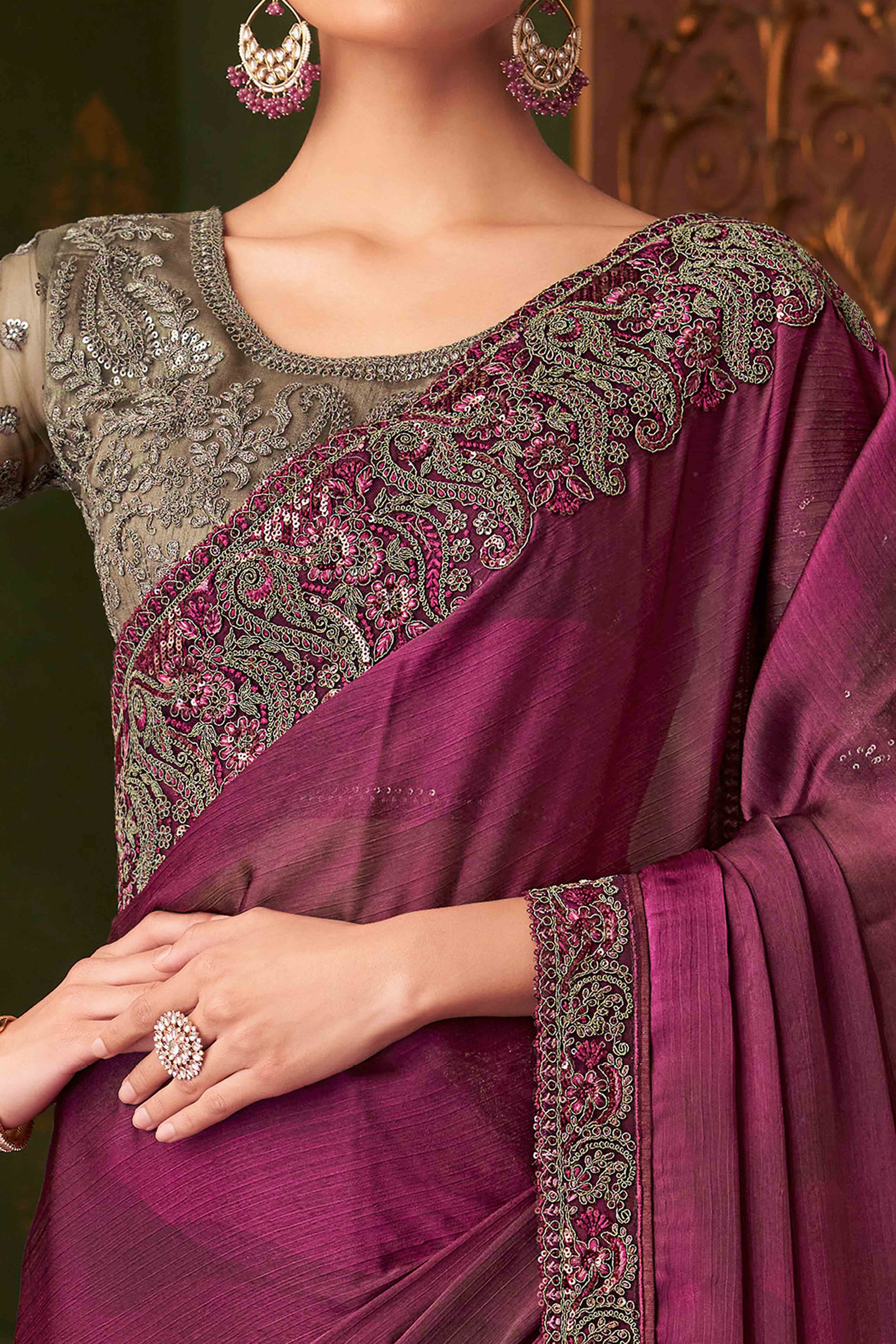 Magenta Sequins Embroidered Chiffon Saree