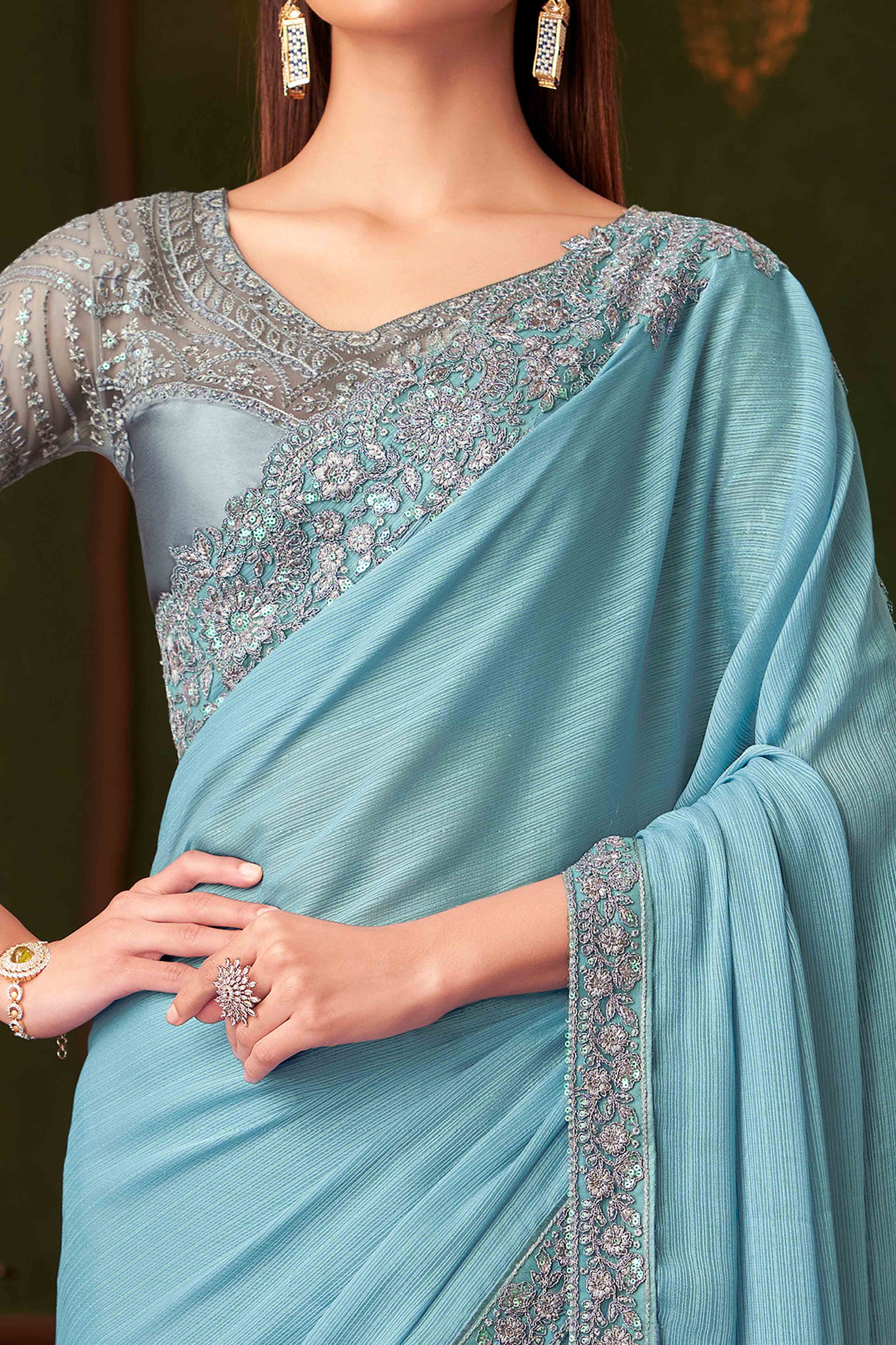 Sky Blue Sequins Embroidered Satin Saree