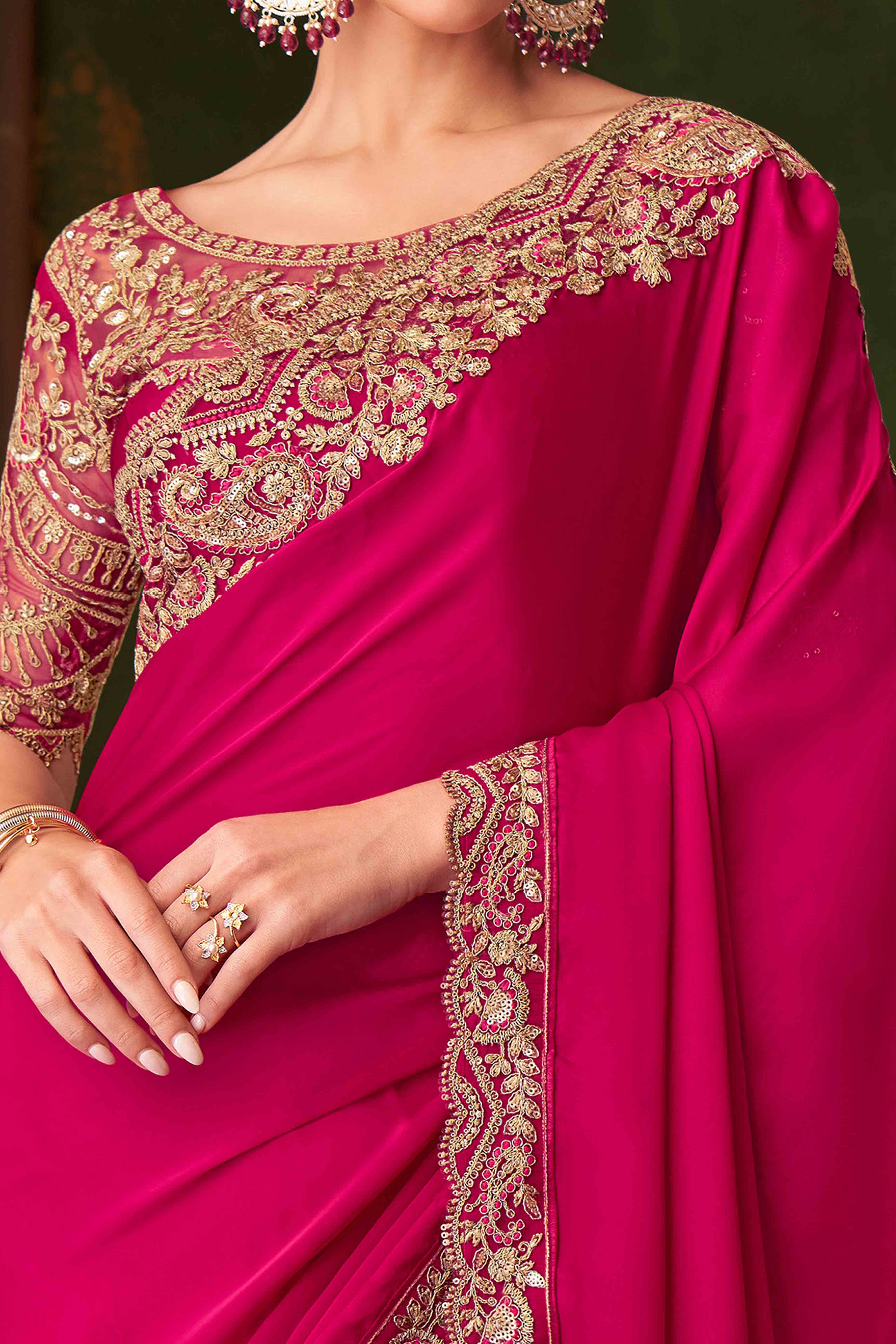 Hot Pink Sequins Embroidered Satin Saree