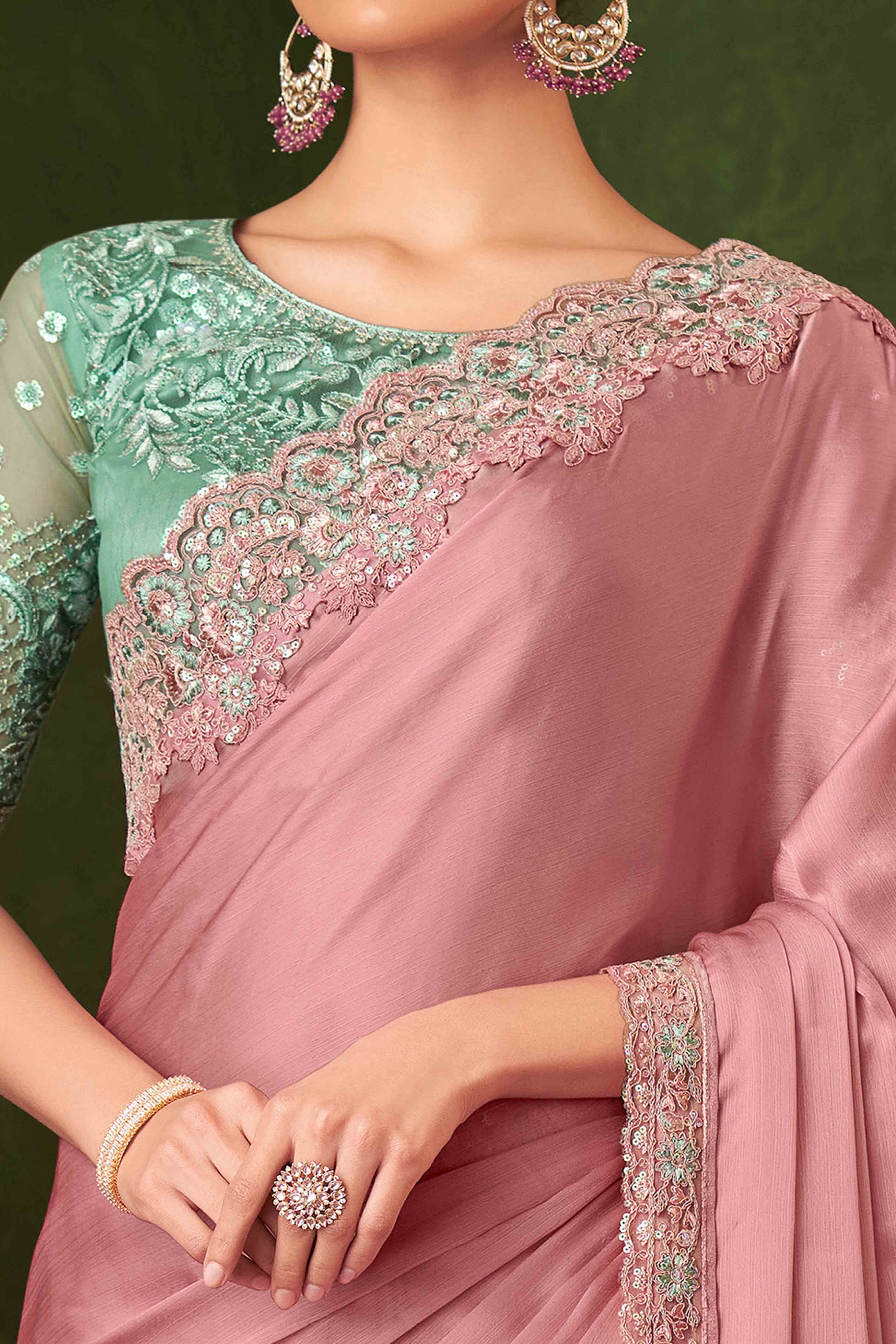 Pastel Pink Sequins Embroidered Chiffon Saree