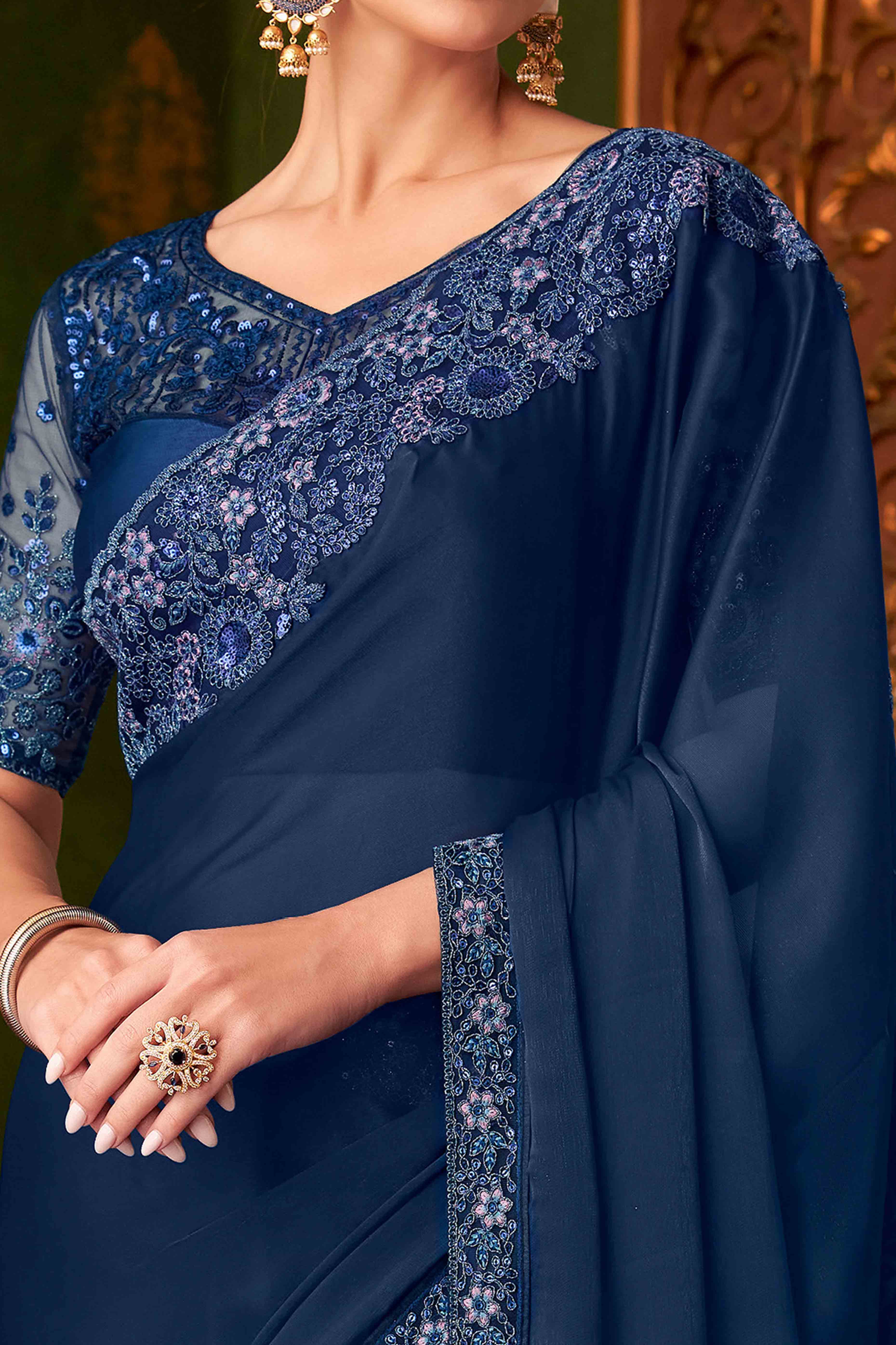 Navy Blue Sequins Embroidered Satin Saree