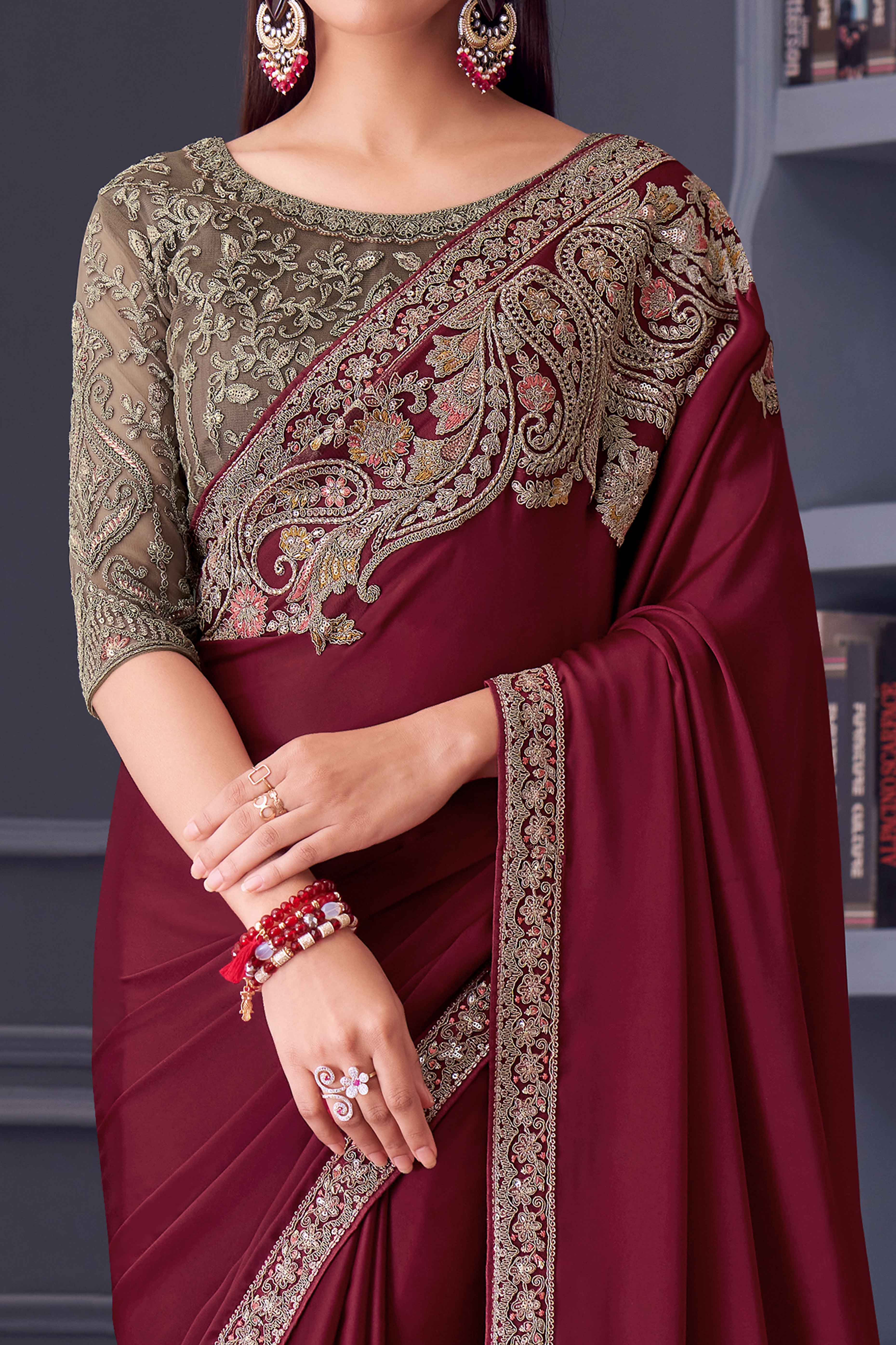 Maroon Sequins Embroidered Satin Saree