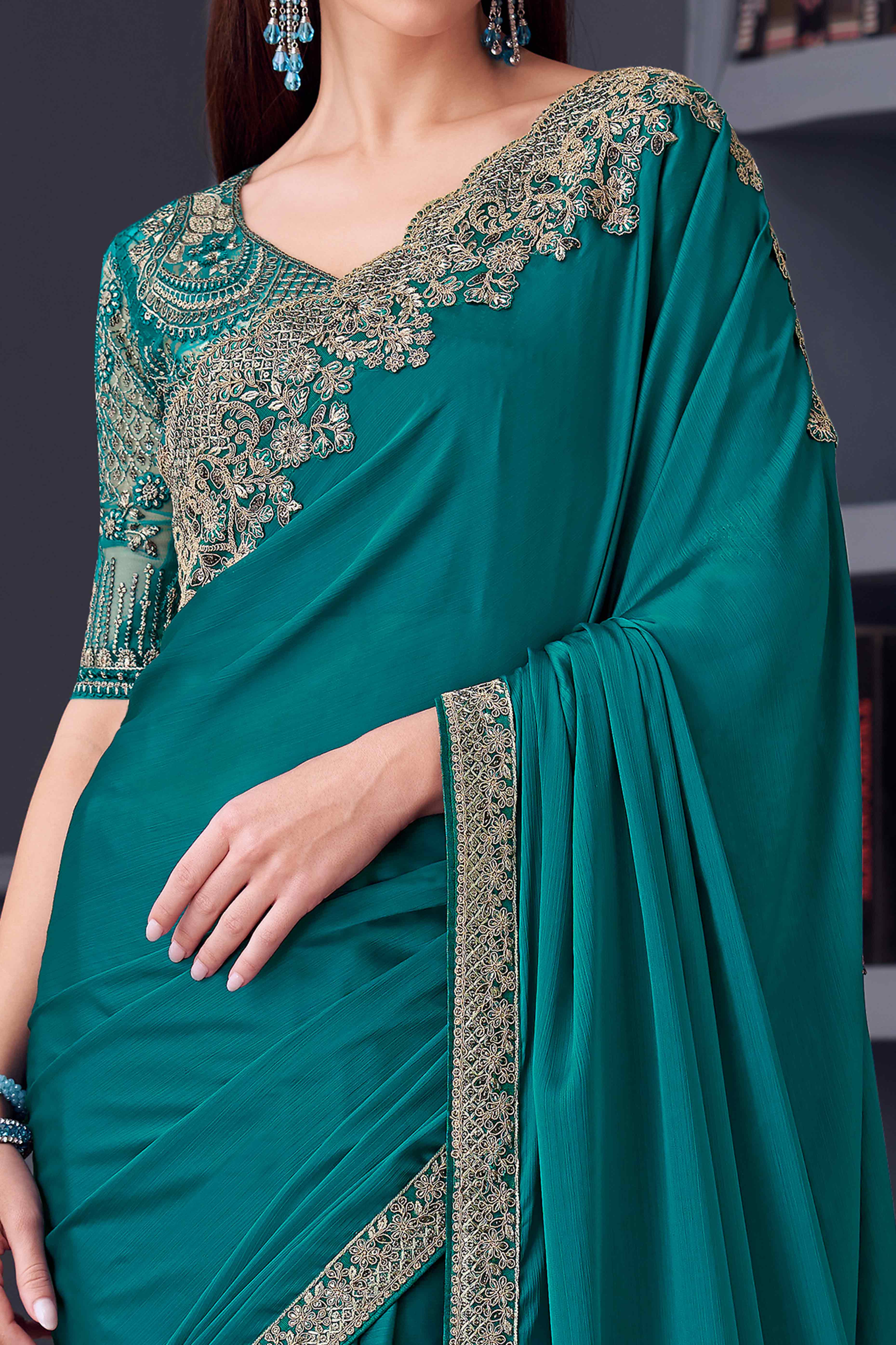 Teal Sequins Embroidered Satin Saree