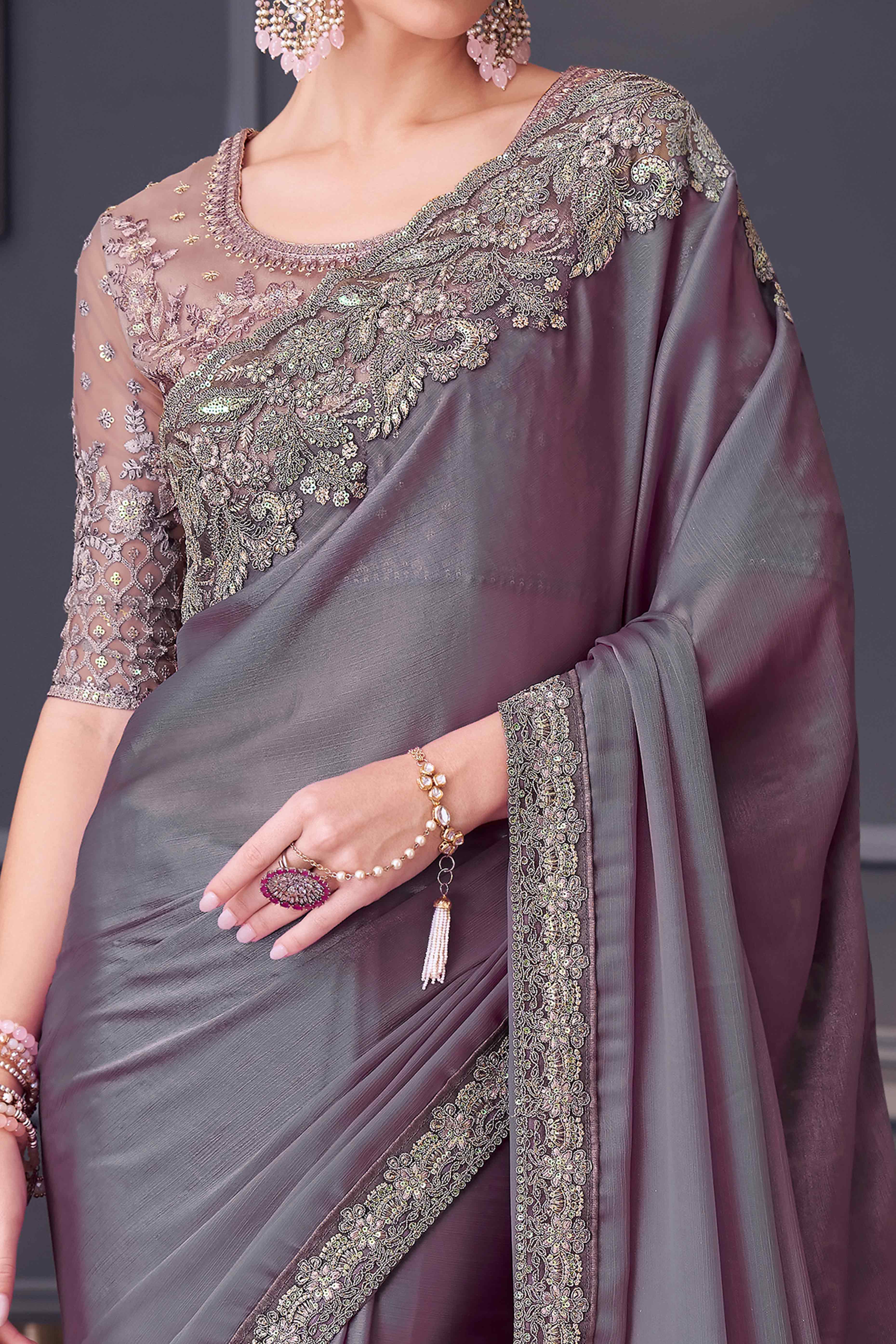 Soft Lavender Sequins Embroidered Chiffon Saree