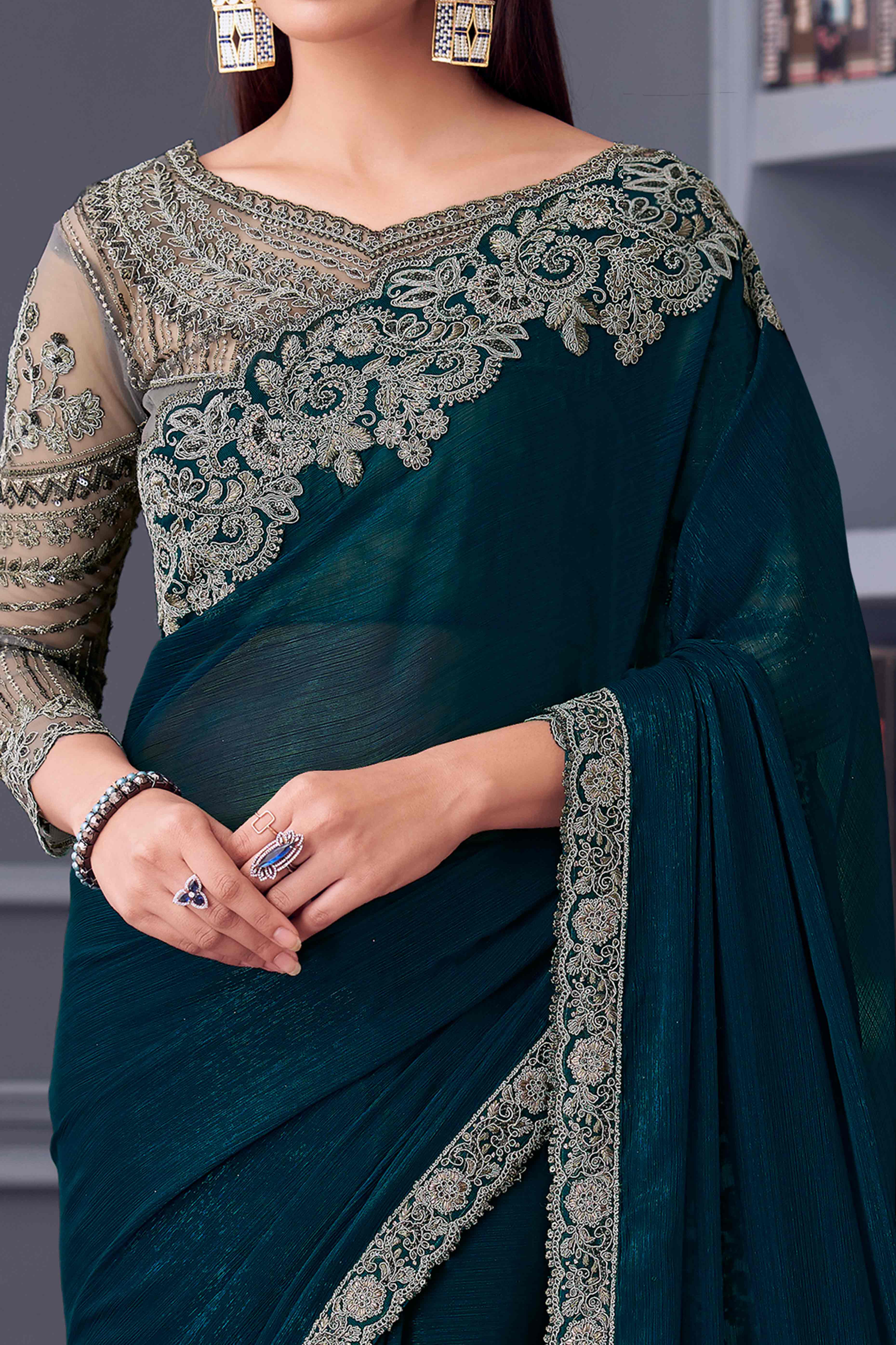 Morpich Green Sequins Embroidered Georgette Saree