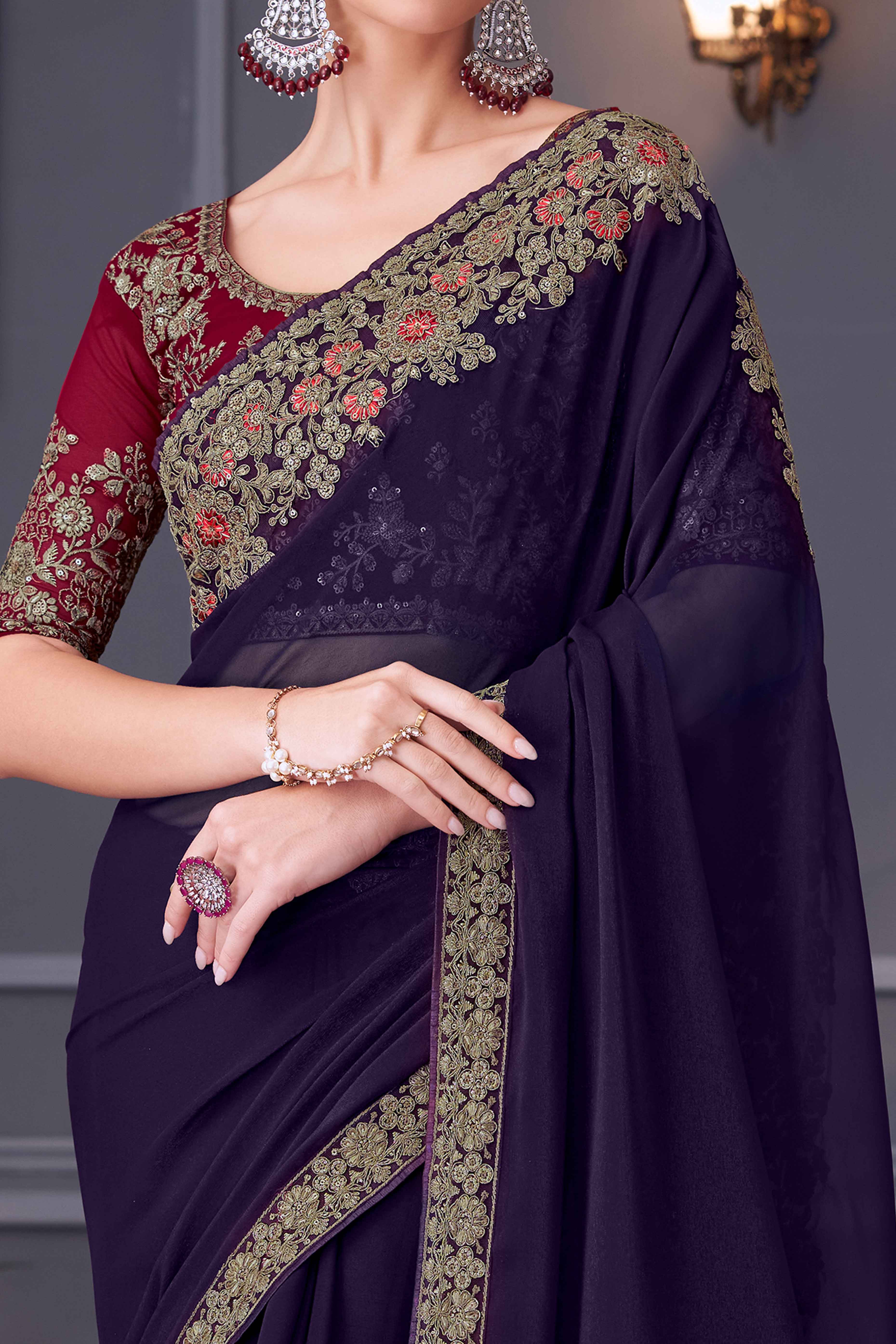 Purple Sequins Embroidered Georgette Saree