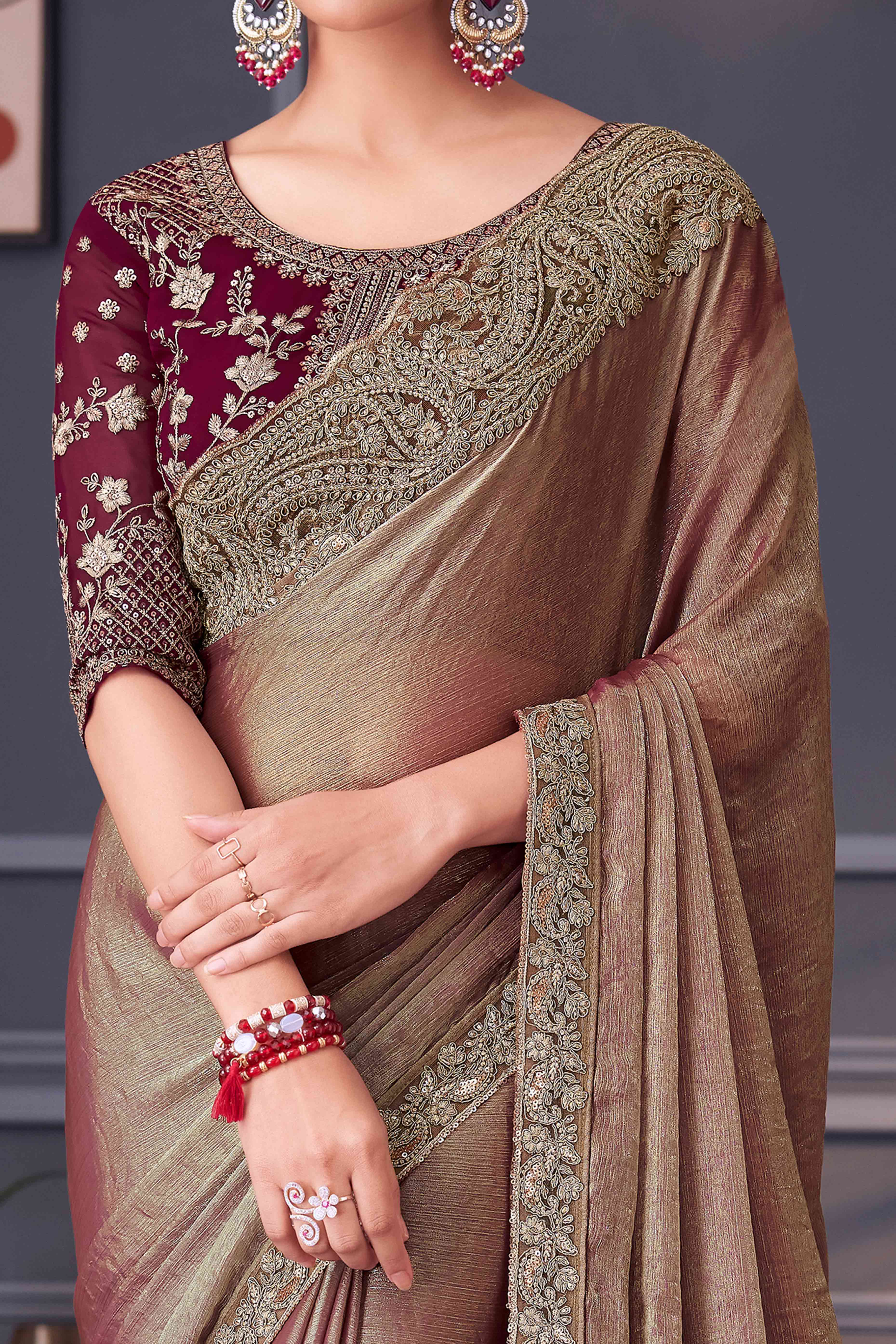 Chikoo Sequins Embroidered Chiffon Saree