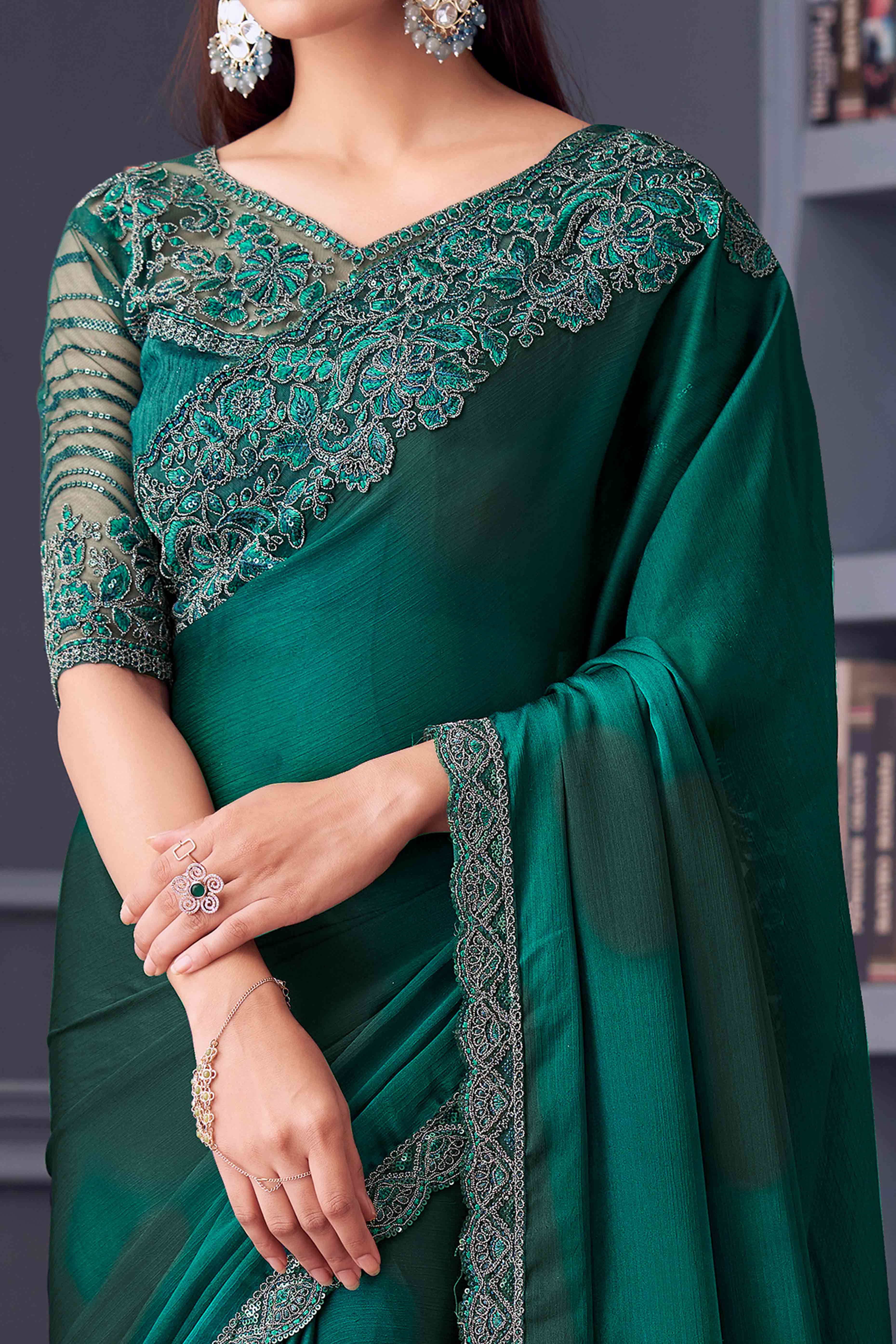 Green Sequins Embroidered Satin Saree