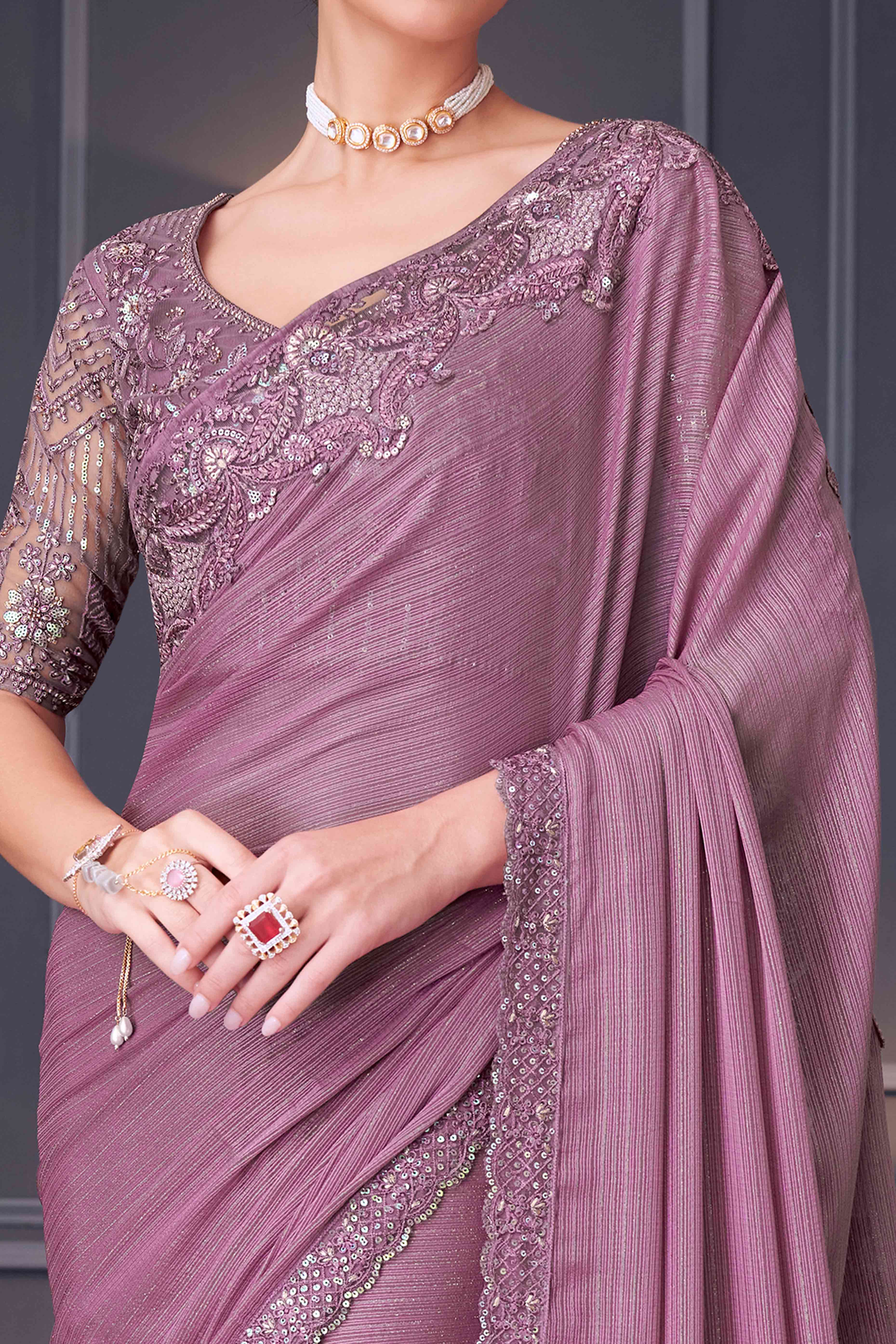 Mauve Sequins Embroidered Satin Saree