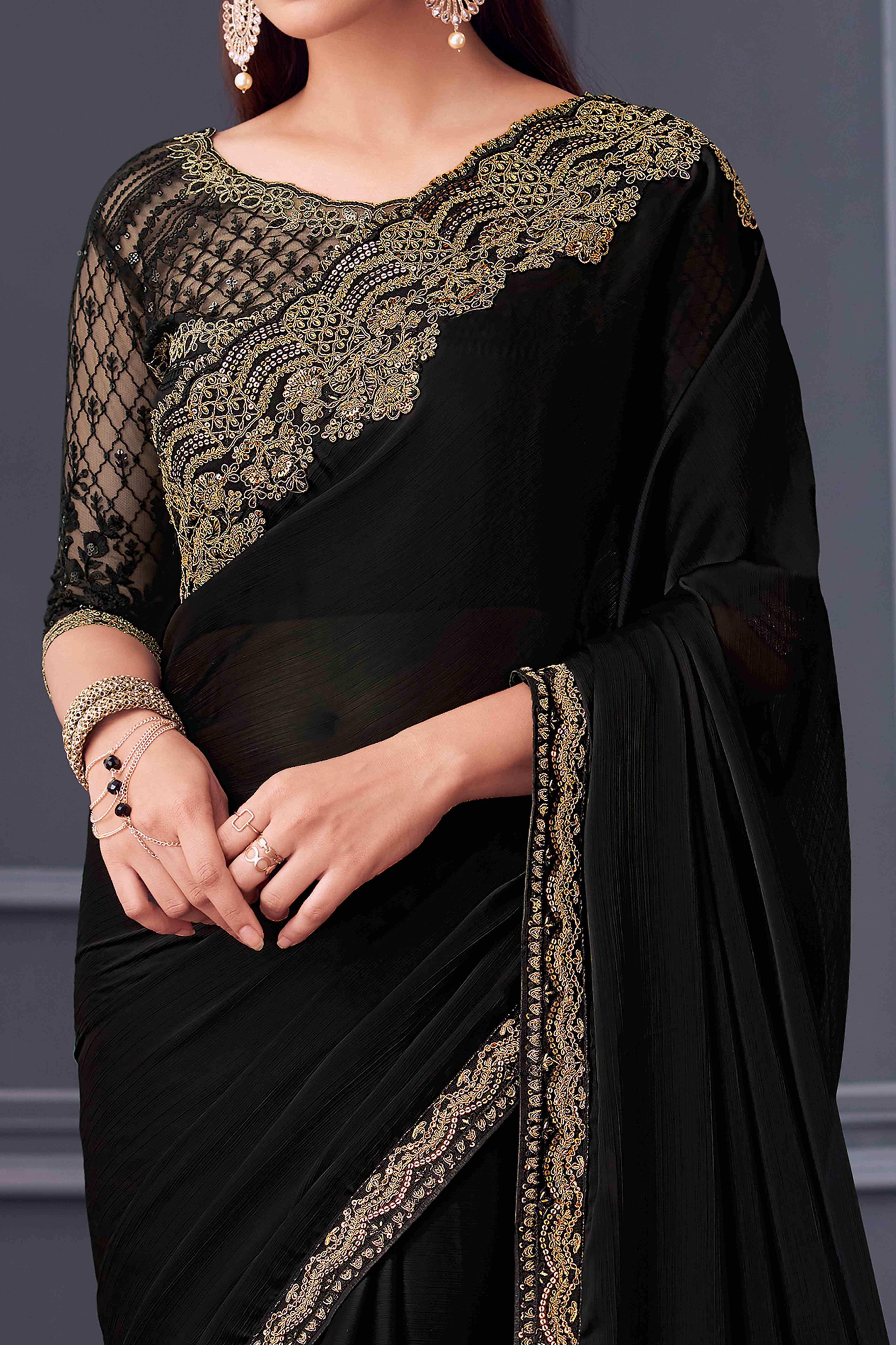 Black Sequins Embroidered Satin Saree