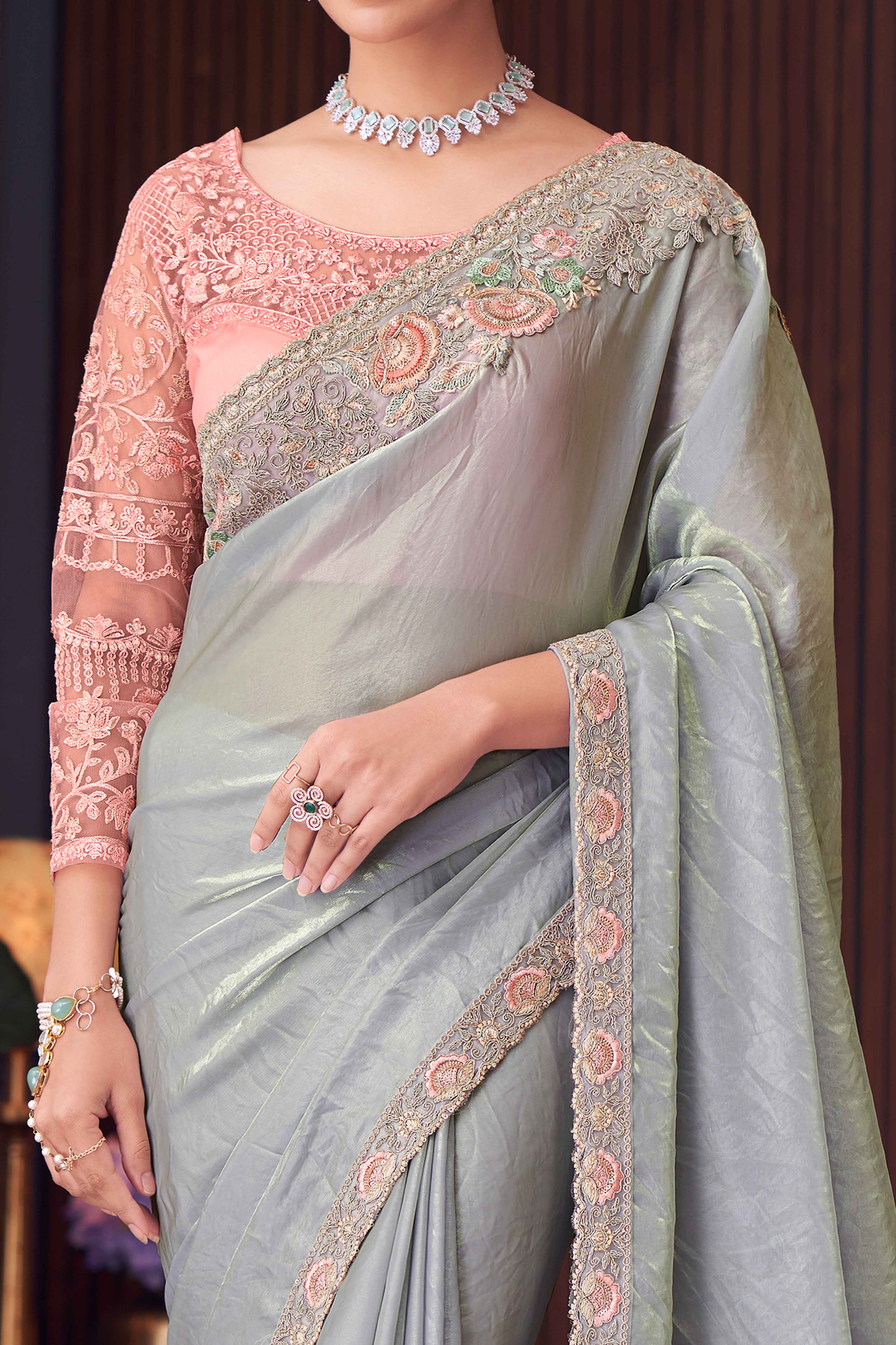 Grey Sequins Embroidered Tissue Saree