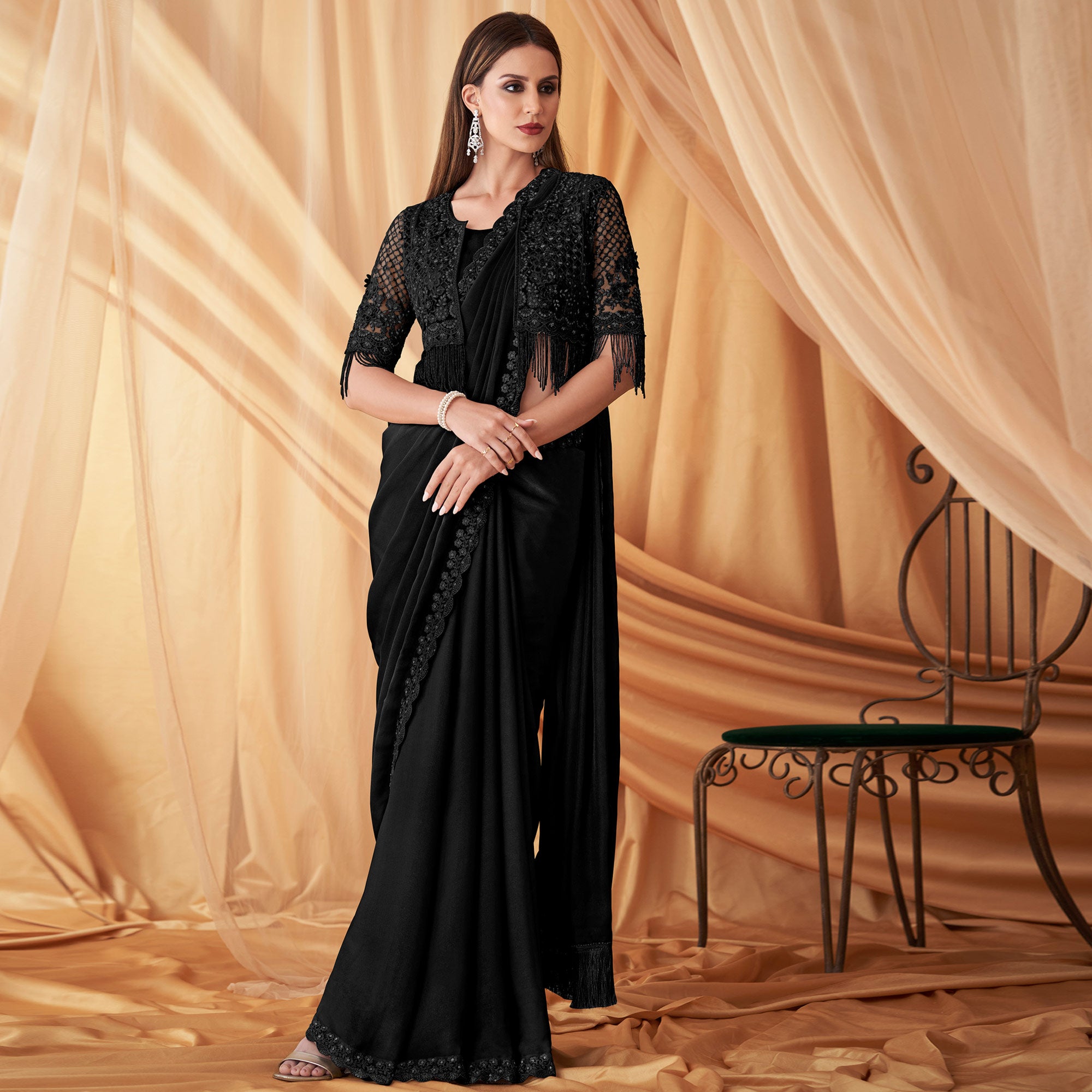 Black Embroidered Satin Saree With Jacket