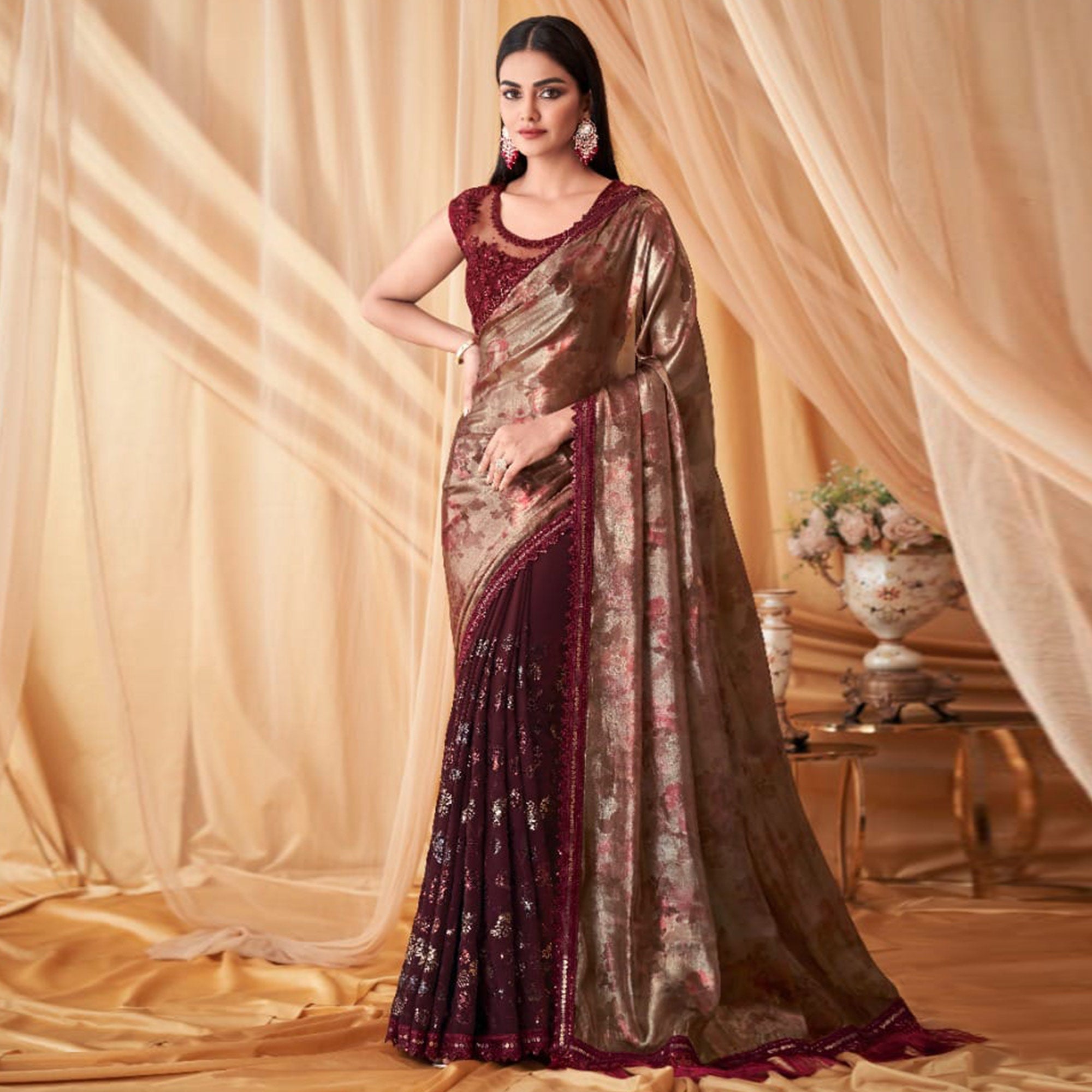 Maroon Sequins Embroidered Georgette Saree With Tassels