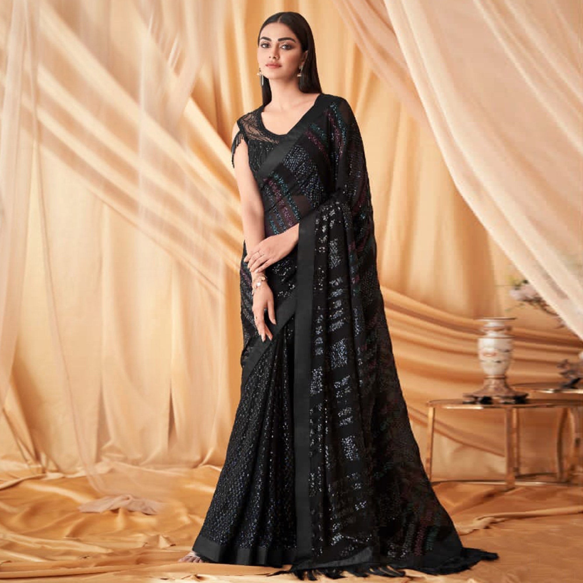 Black Sequins Embroidered Georgette Saree With Tassels