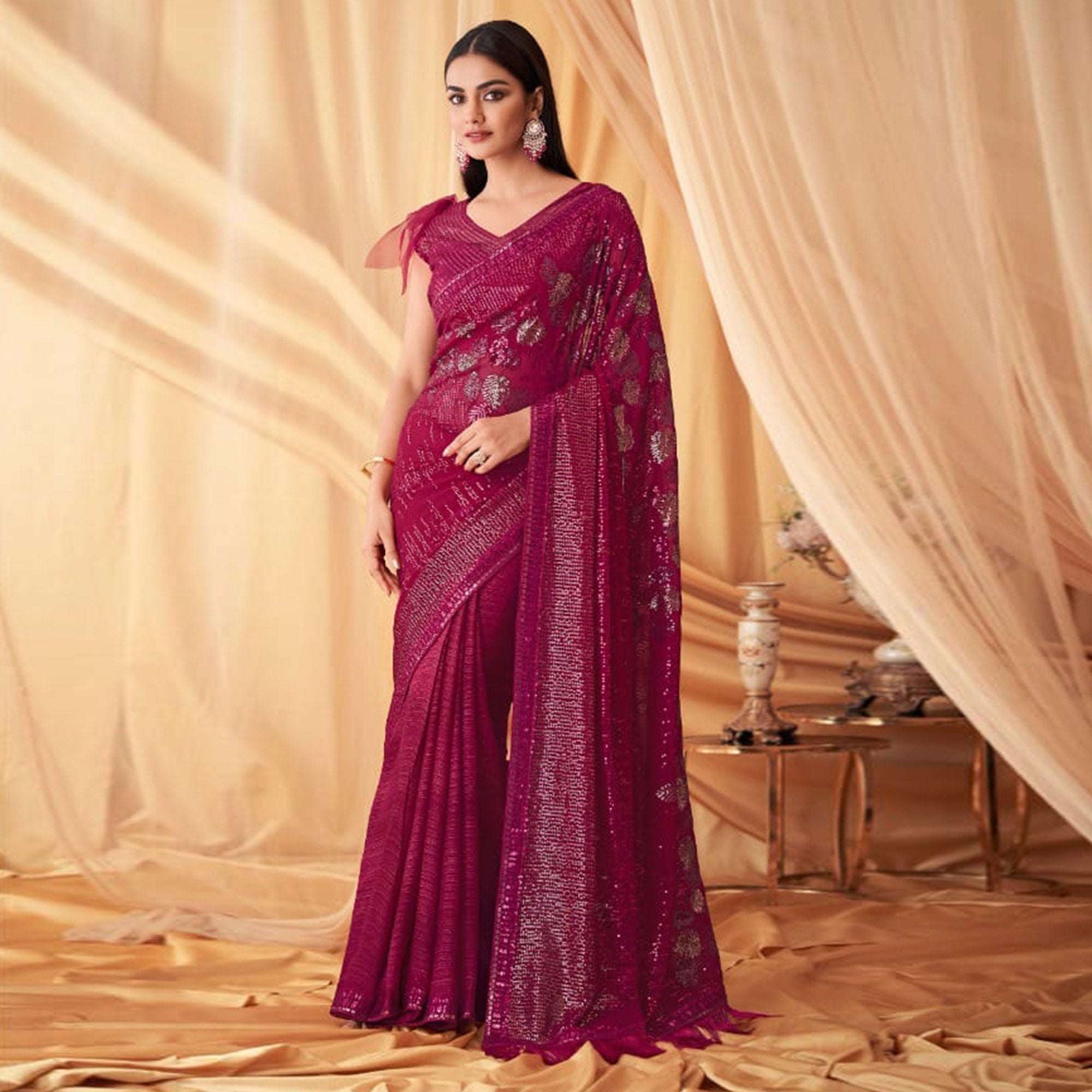 Magenta Sequins Embroidered Georgette Saree With Tassels