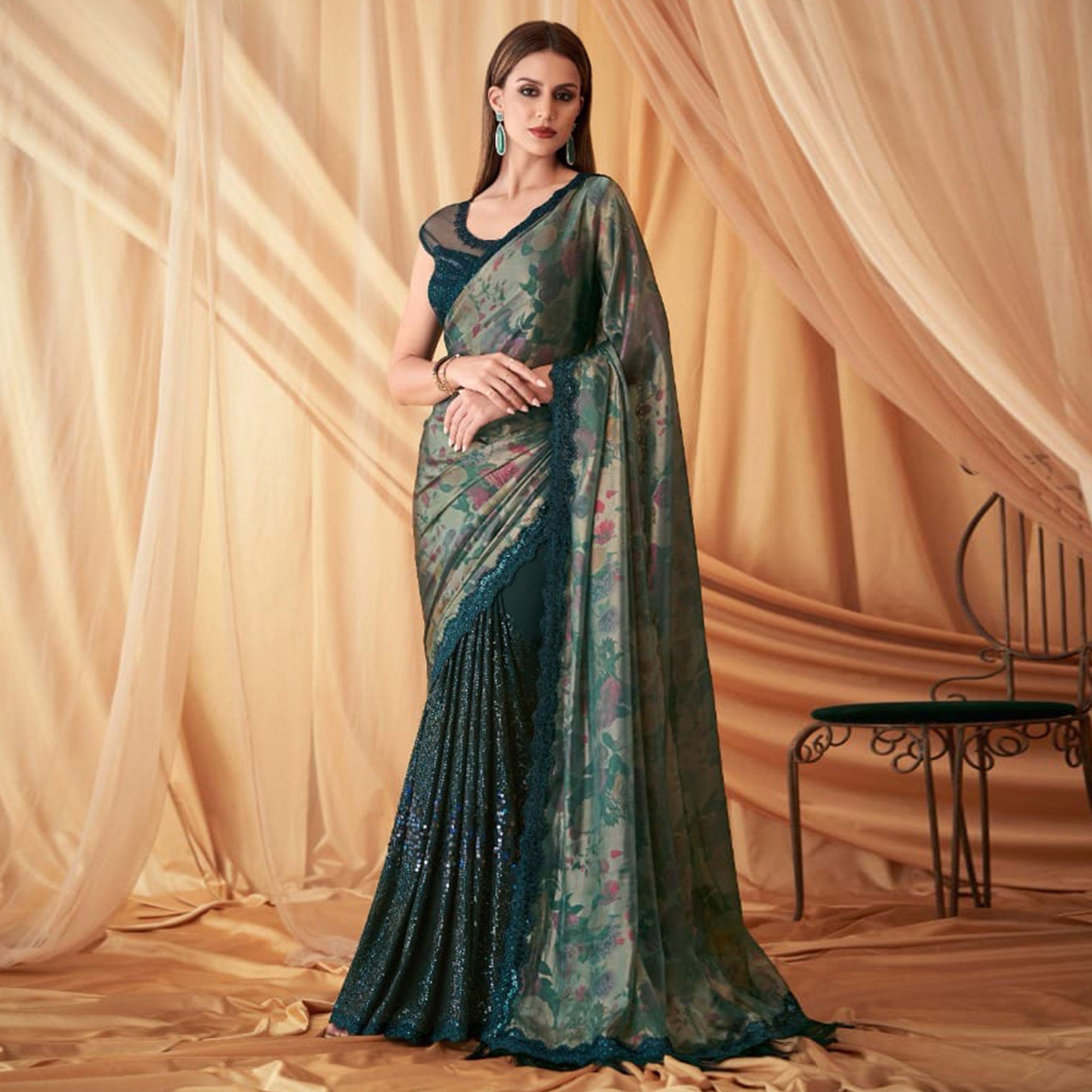 Teal Green Sequins Embroidered Georgette Saree With Tassels