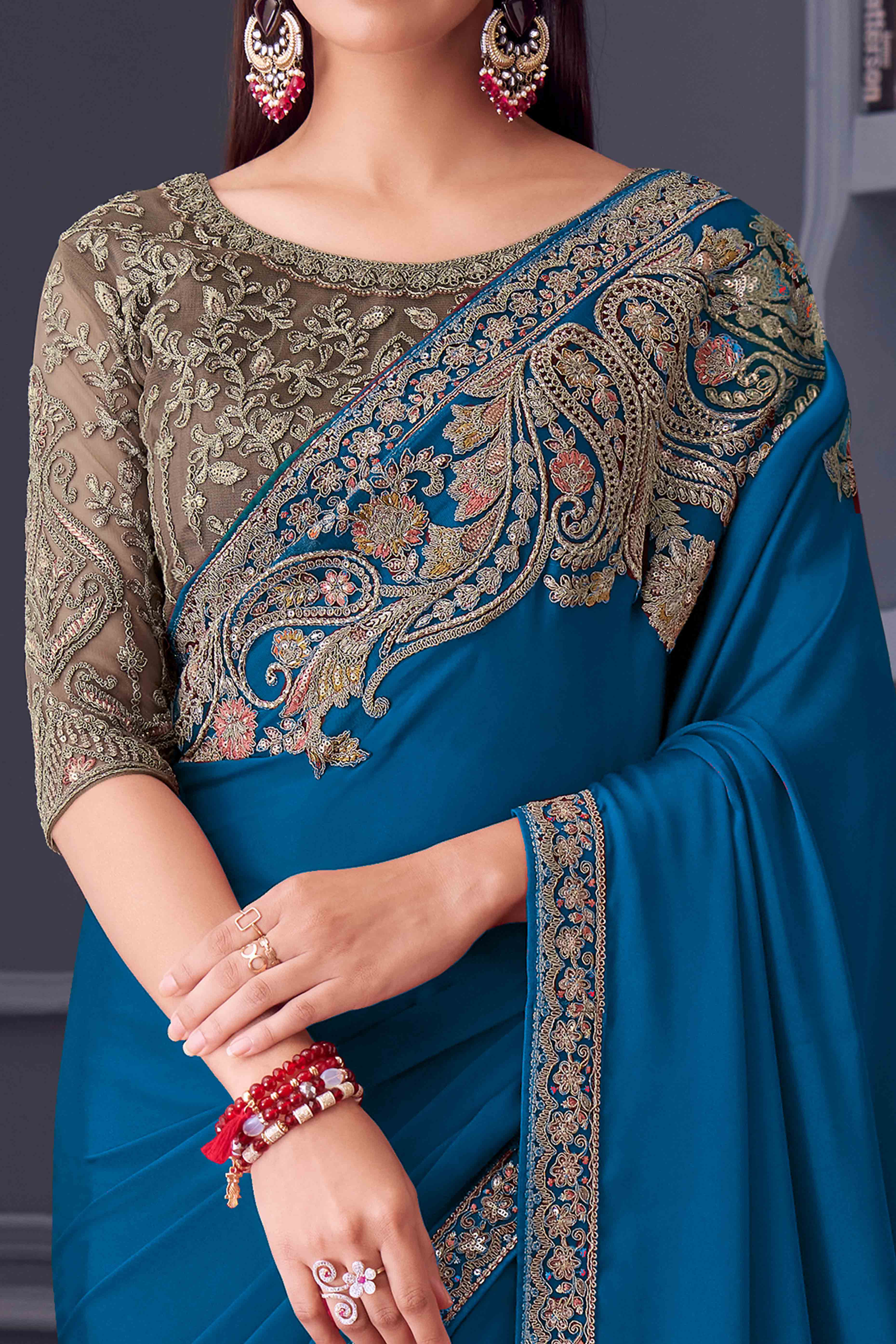 Blue Satin Saree Embellished with Sequin Work