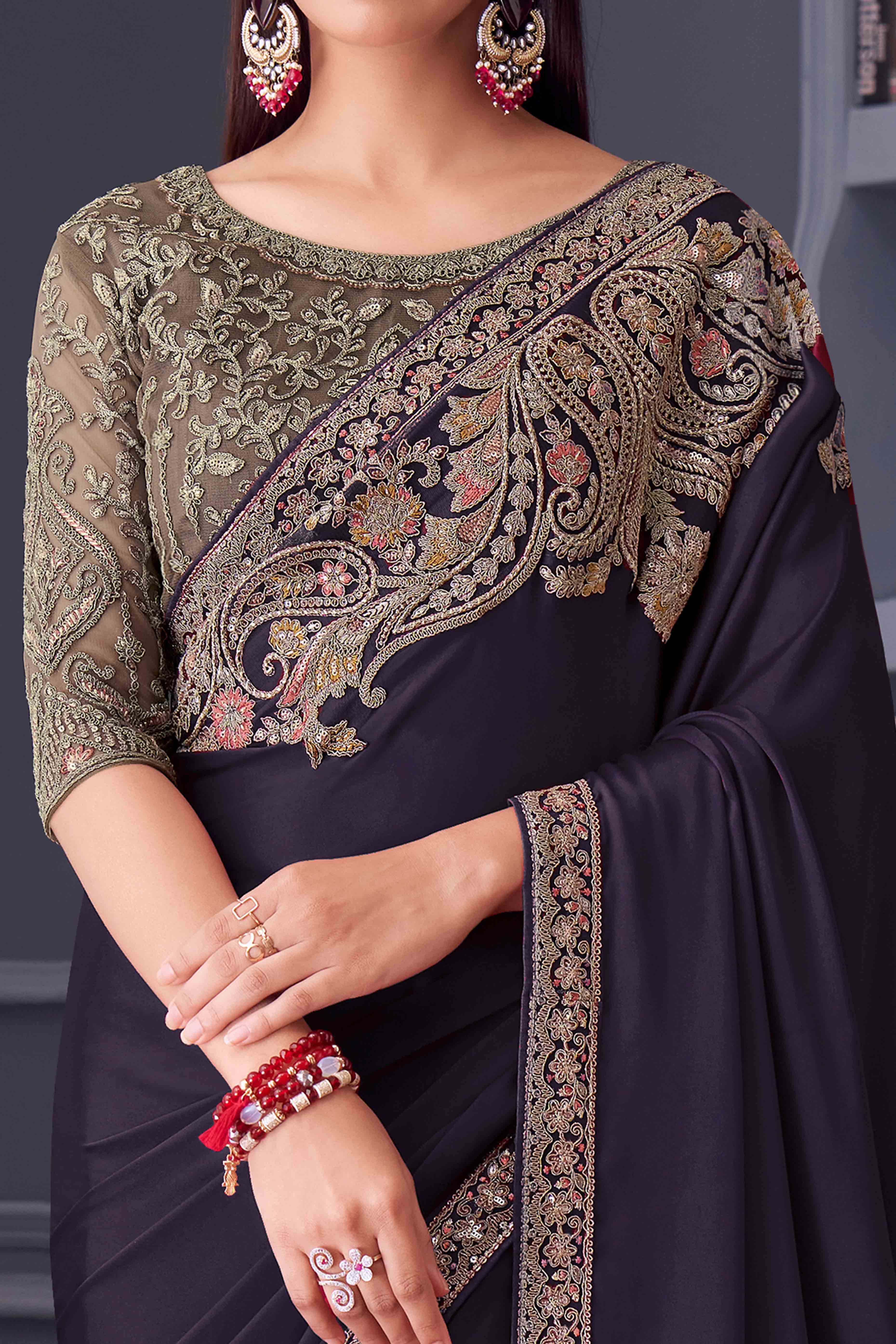 Wine Satin Saree Embellished with Sequin Work