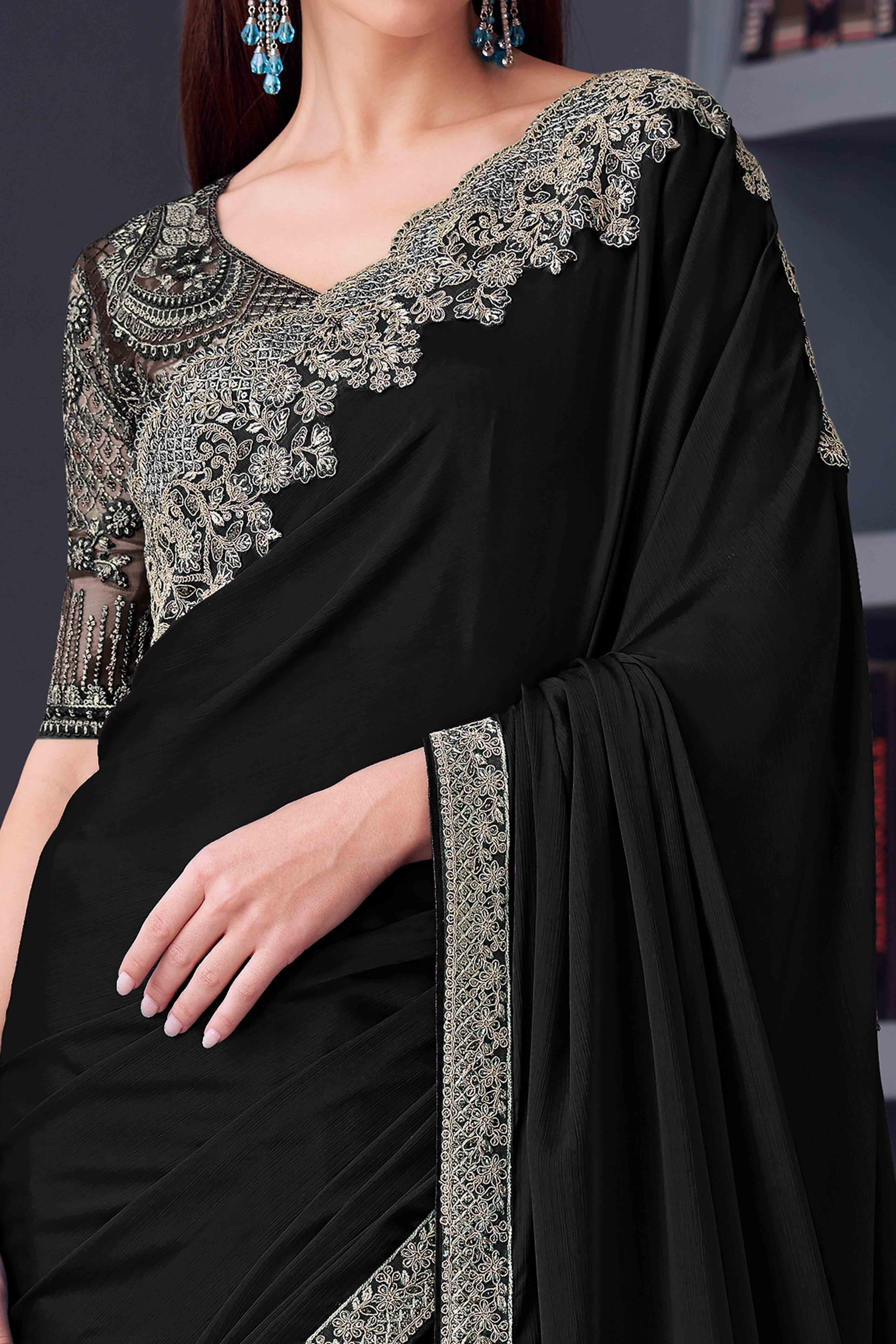 Black Chiffon Saree with Embellished Border