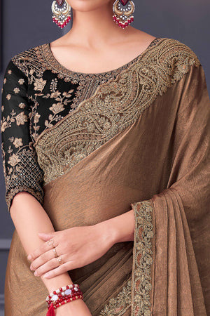 Brown Partywear Chiffon Saree with Ornate Border Detailing