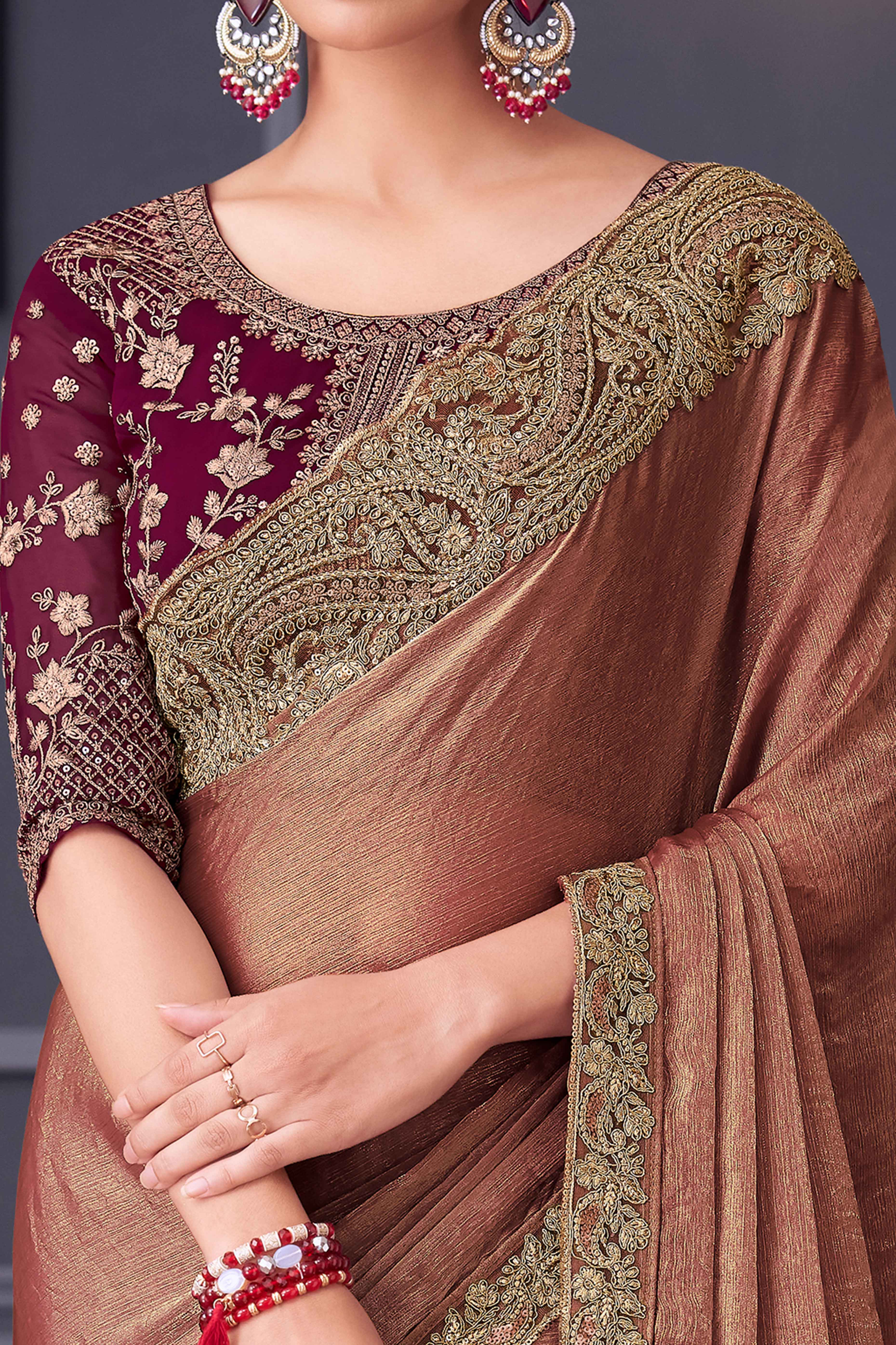 Rust Partywear Chiffon Saree with Ornate Border Detailing