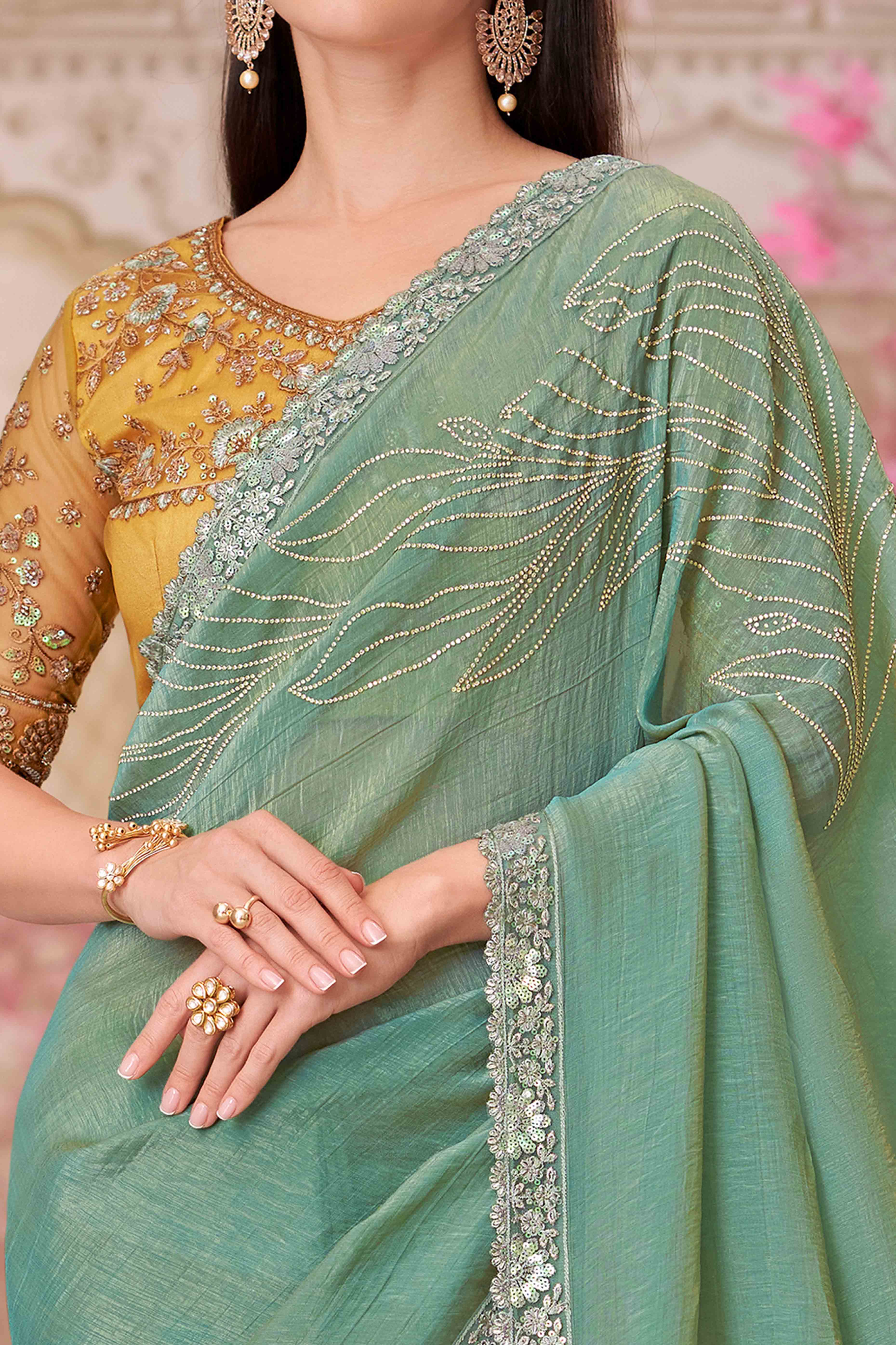 Glamorous Dusty Green Satin Saree with Intricate Sequin & Floral Work