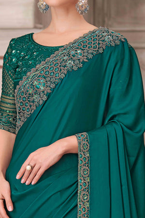 Glamorous Teal Satin Saree with Intricate Sequin & Floral Work