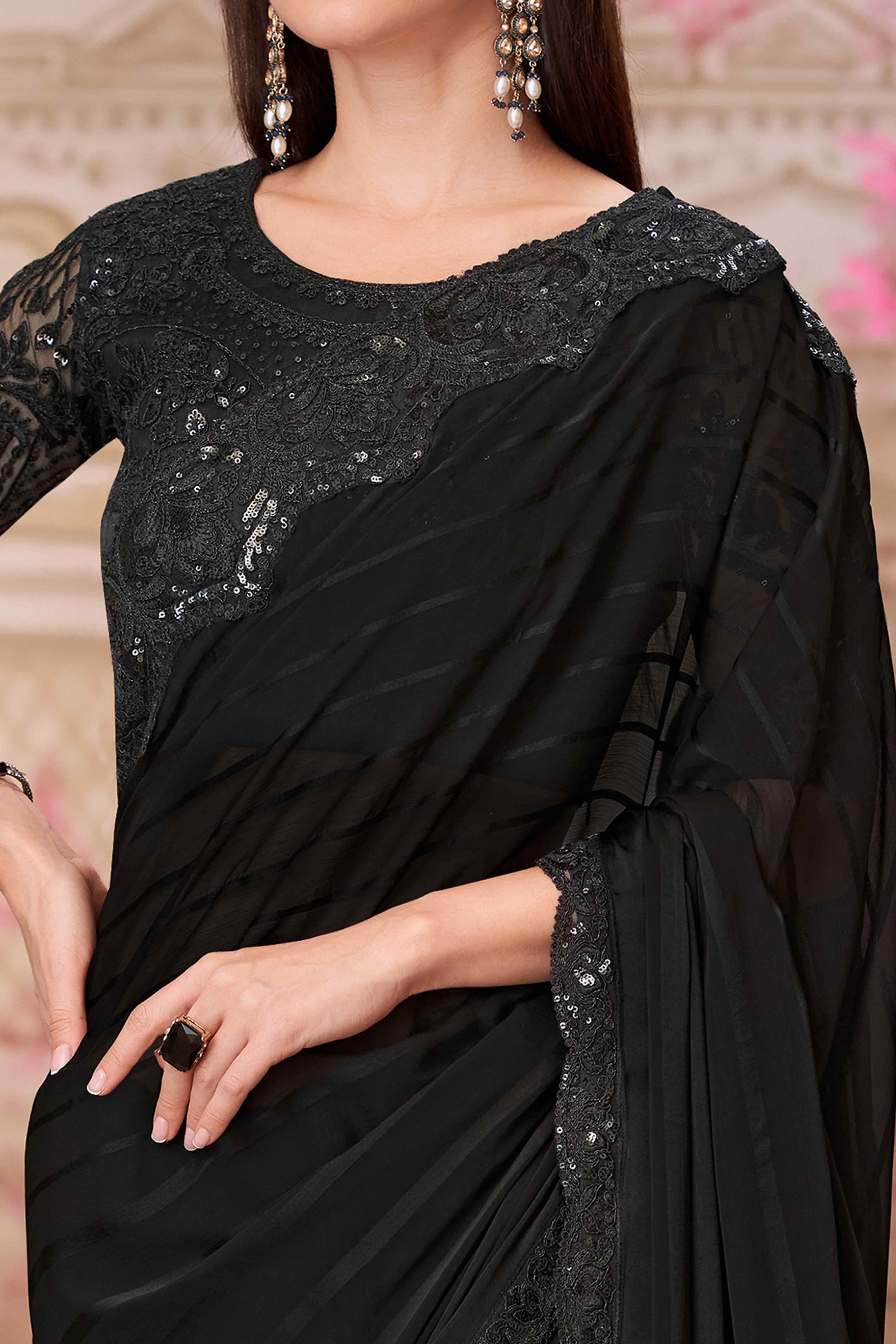 Soft Georgette Black Saree with Floral Thread & Sequin Accents