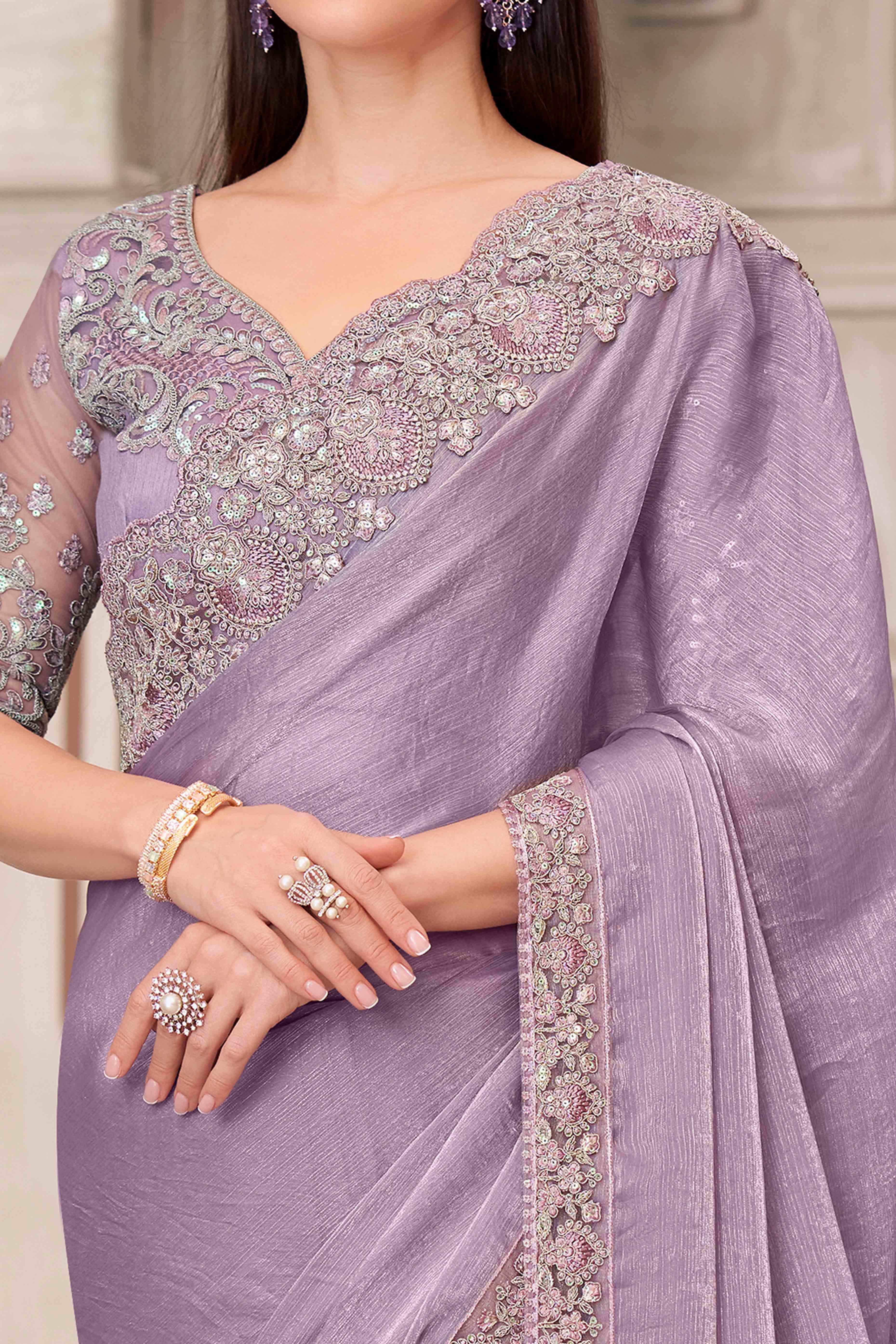 Radiant Lavender Chiffon Saree with Delicate Floral & Sequin Embellishments