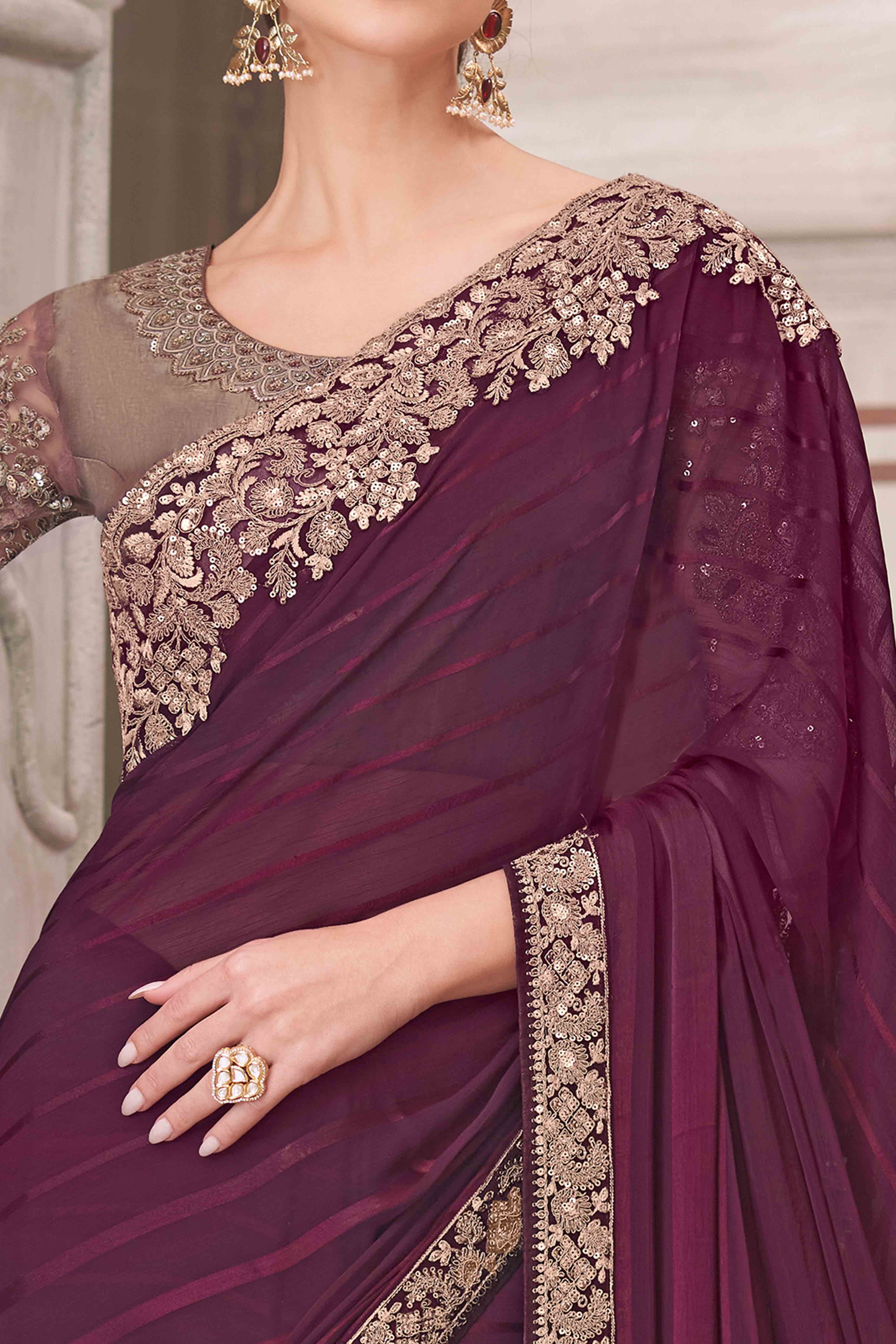 Soft Georgette Wine Saree with Floral Thread & Sequin Accents