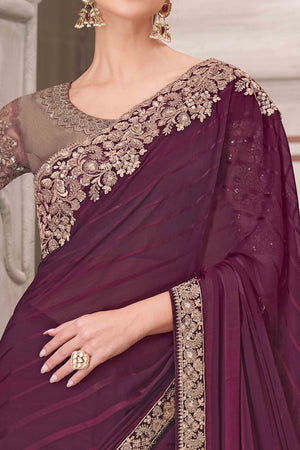 Soft Georgette Wine Saree with Floral Thread & Sequin Accents